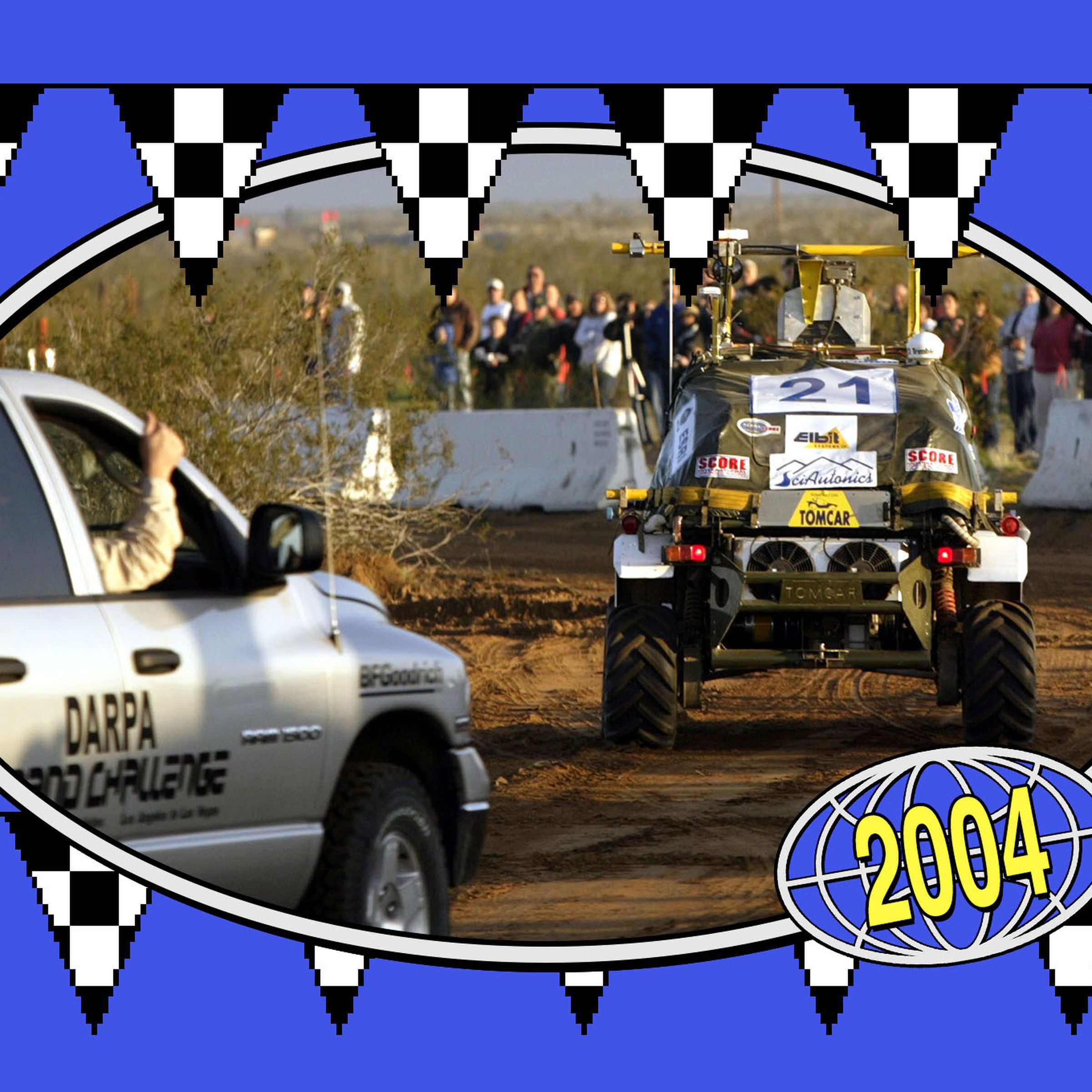 Collage of a scene from the 2004 Grand Darpa Challenge.