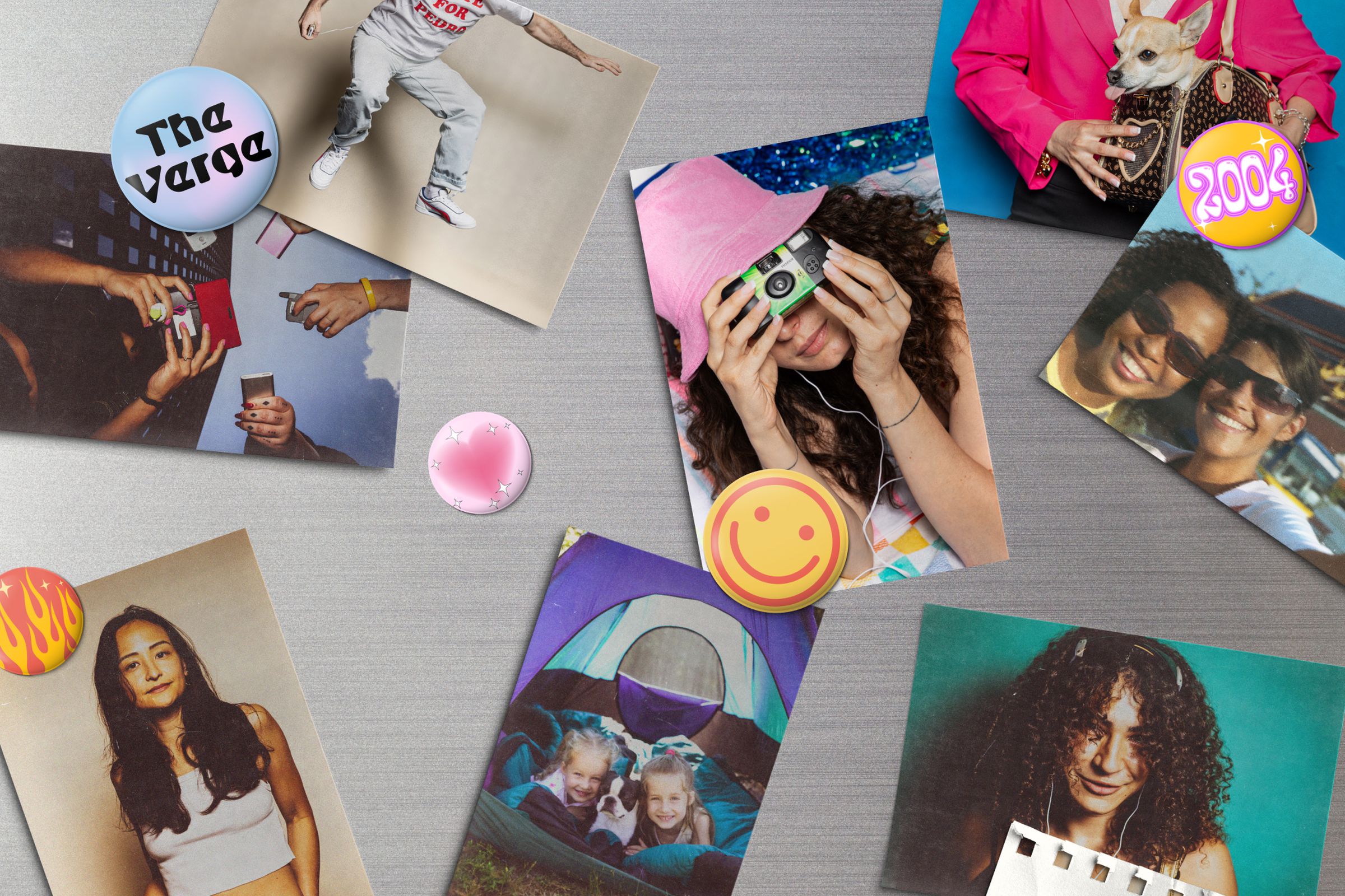 Digital photo illustration of 2000s style photos on a refridgerator.