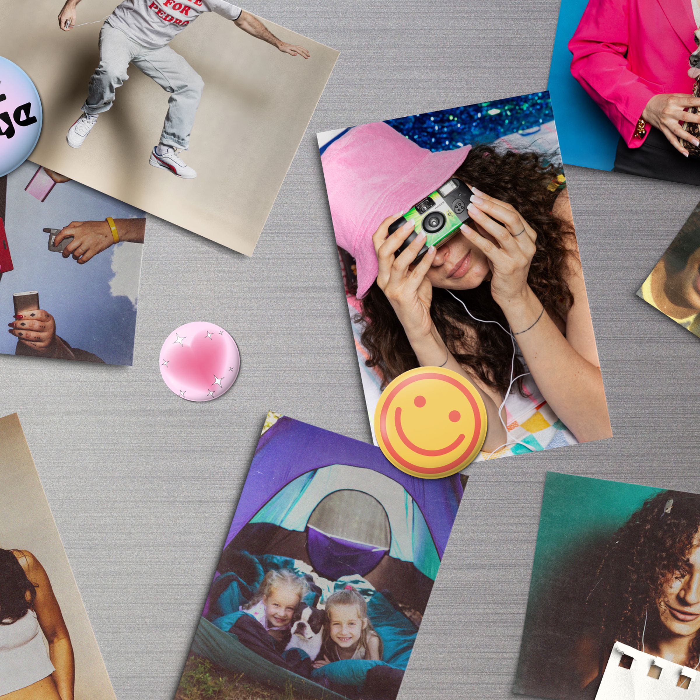 Digital photo illustration of 2000s style photos on a refridgerator.