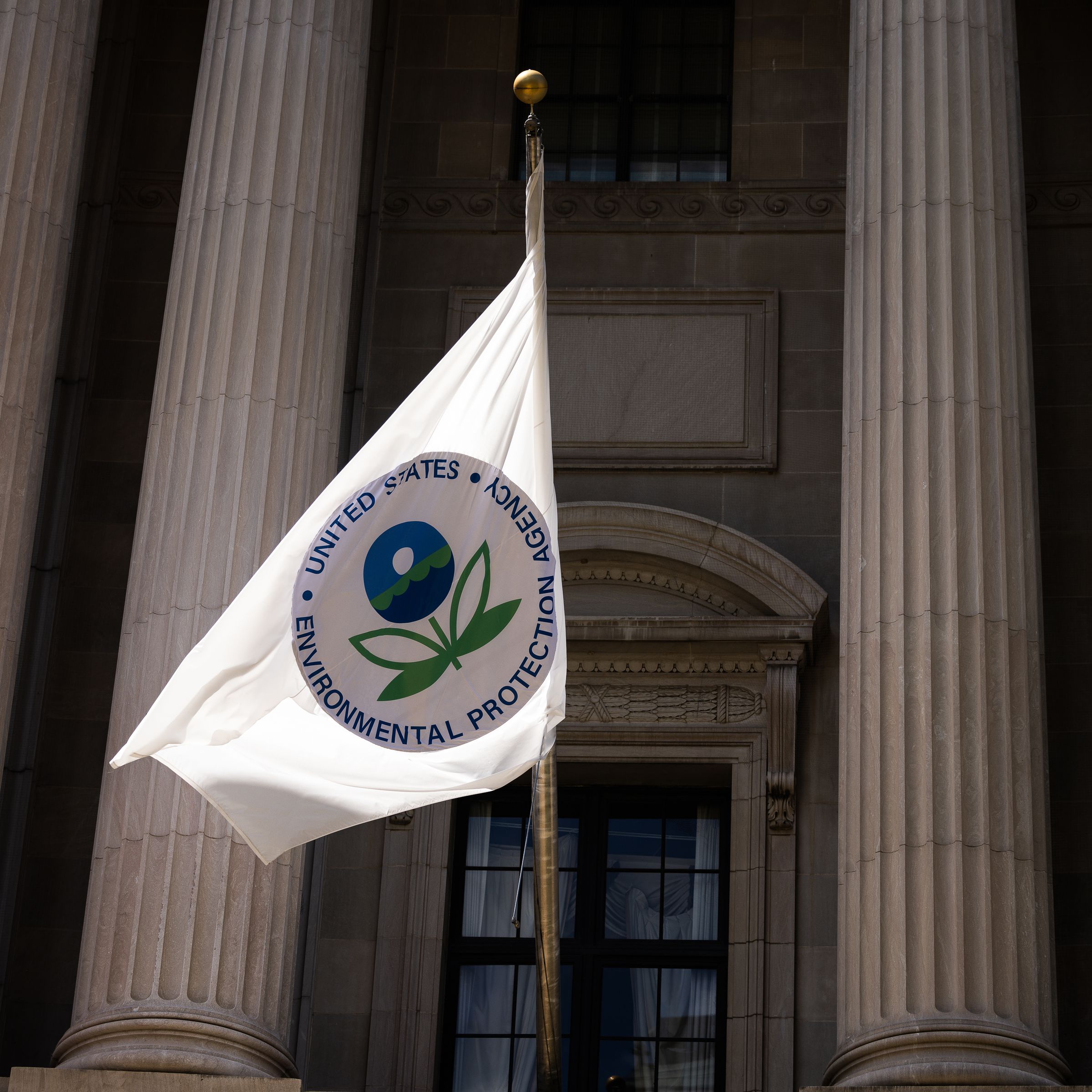A flag with the EPA logo outside of the agency’s building in Washington, DC.