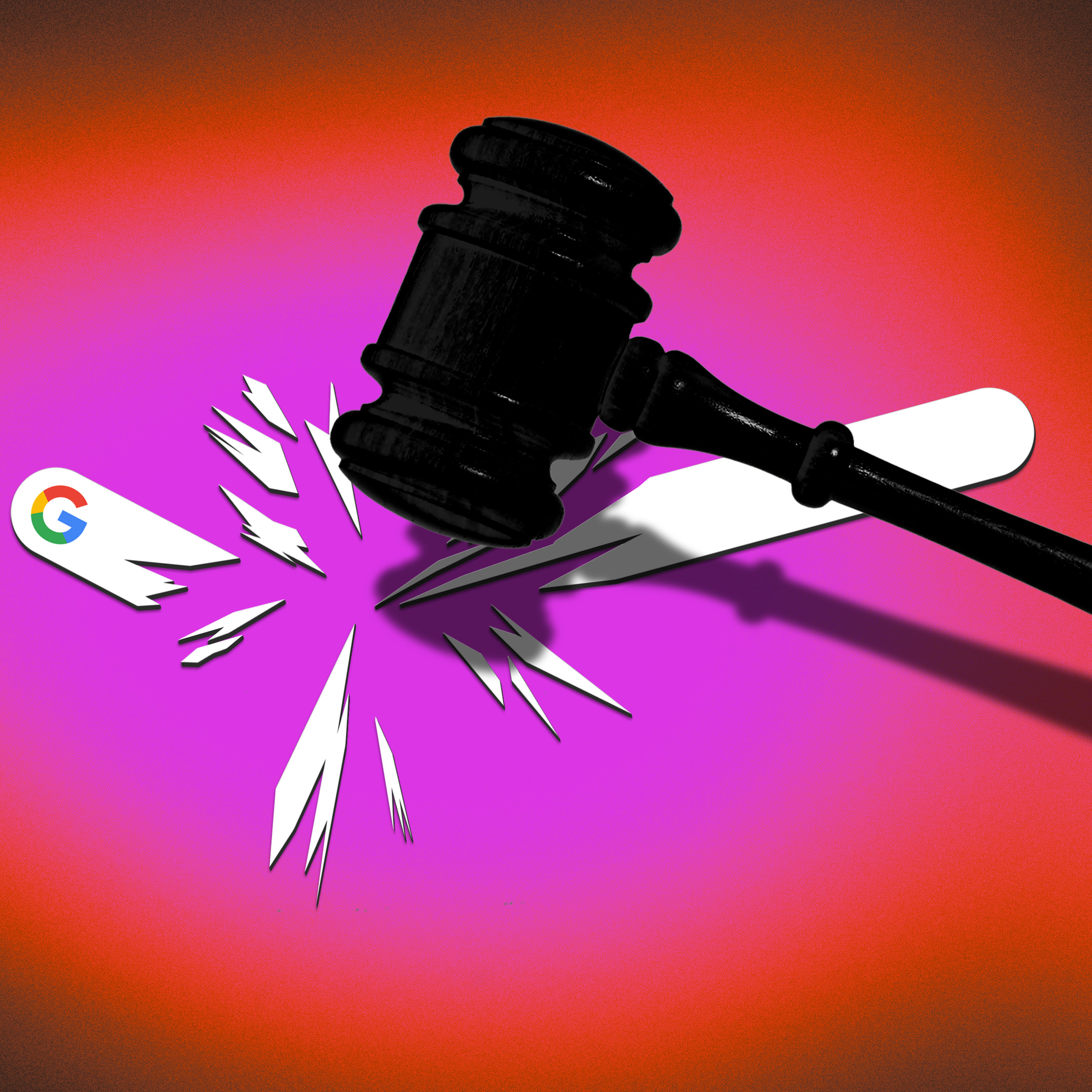The Google search bar getting smashed by a gavel