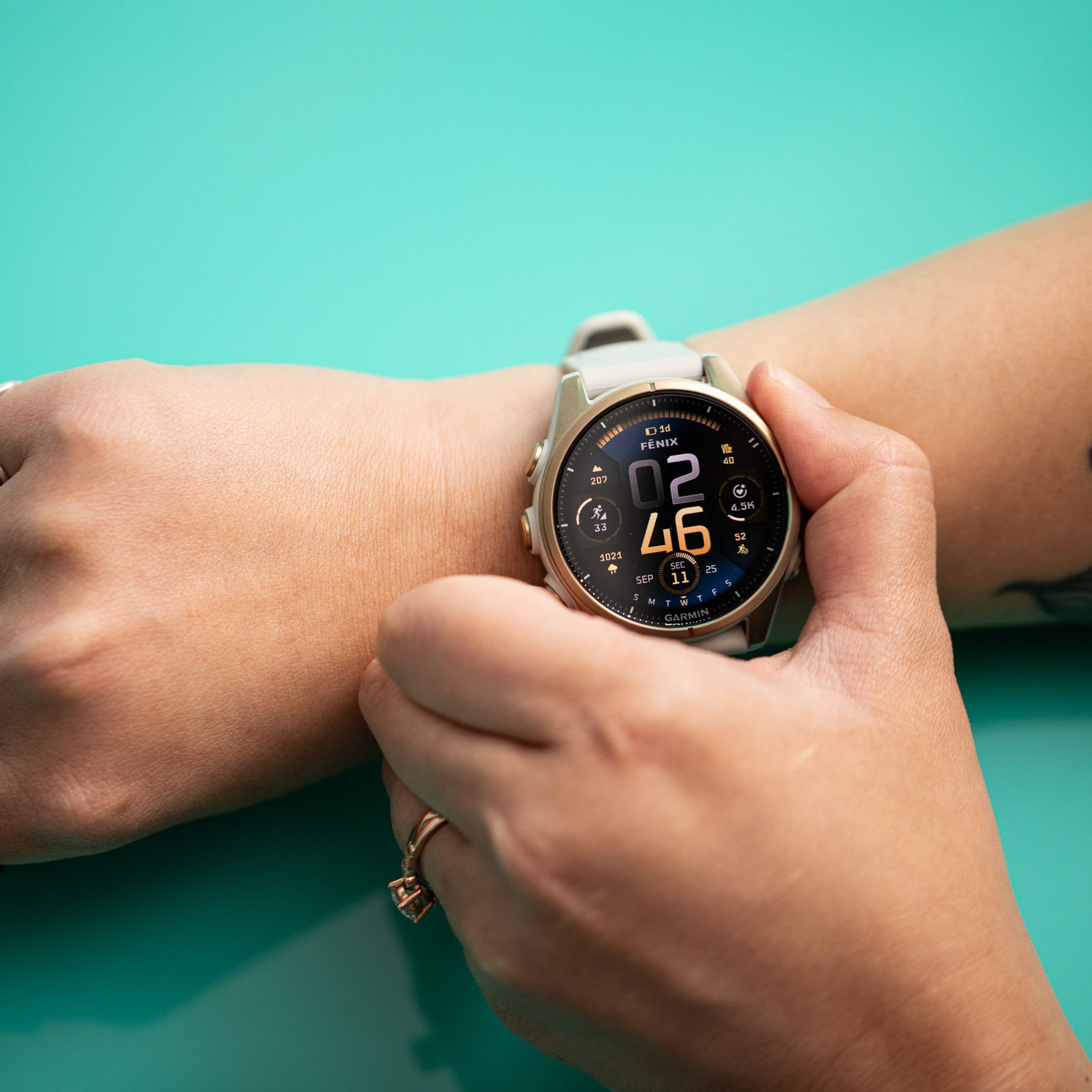 Close-up of person using the Garmin Fenix 8