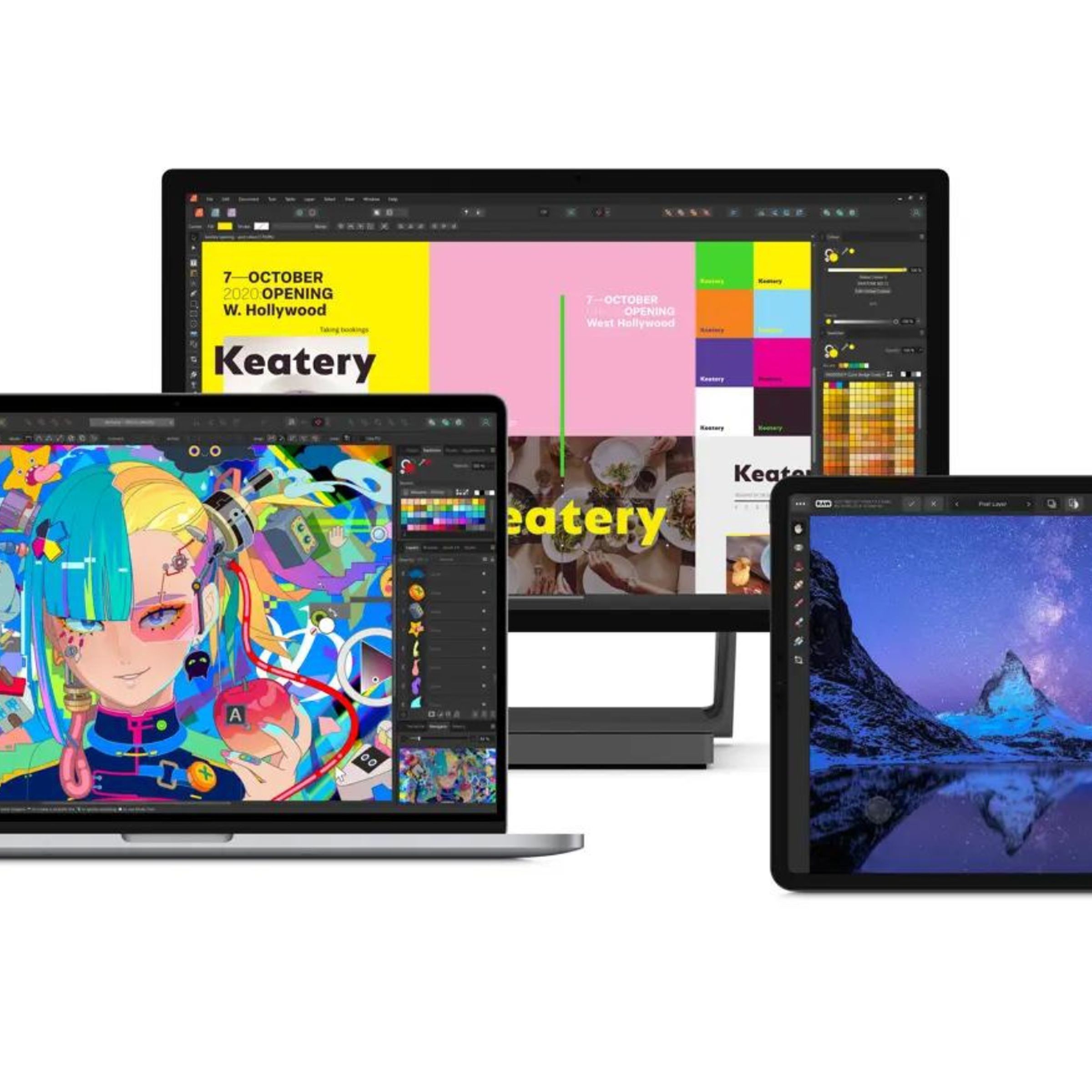 A MacBook, PC display, and iPad displaying Affinity’s design software.