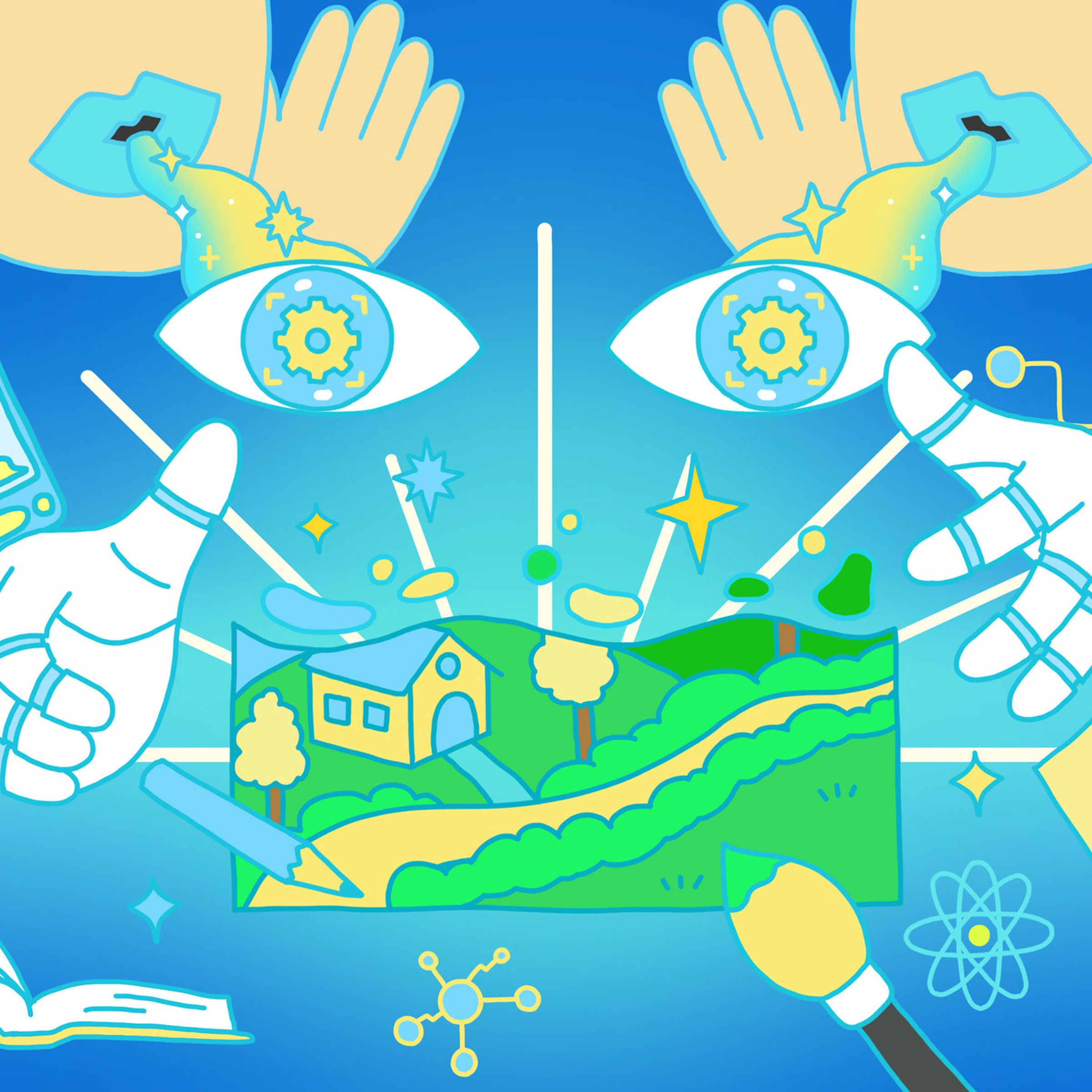 A trippy graphic displaying a collection of items like paintbrushes, books, phone messages, and a notepad to represent generative AI. A large pair of eyes and hands can be seen at the center of the image.