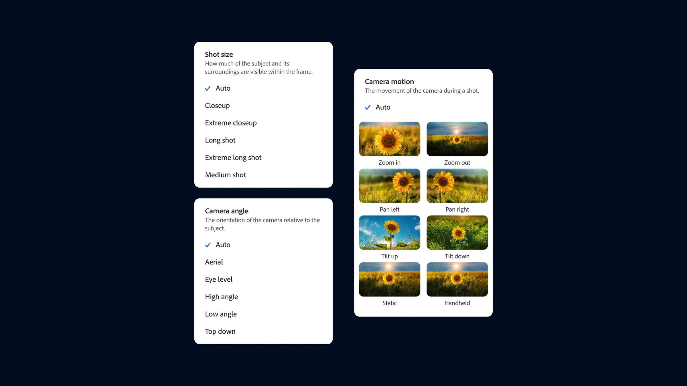 A screenshot showing the camera control options for Adobe’s text-to-video Firefly AI model.