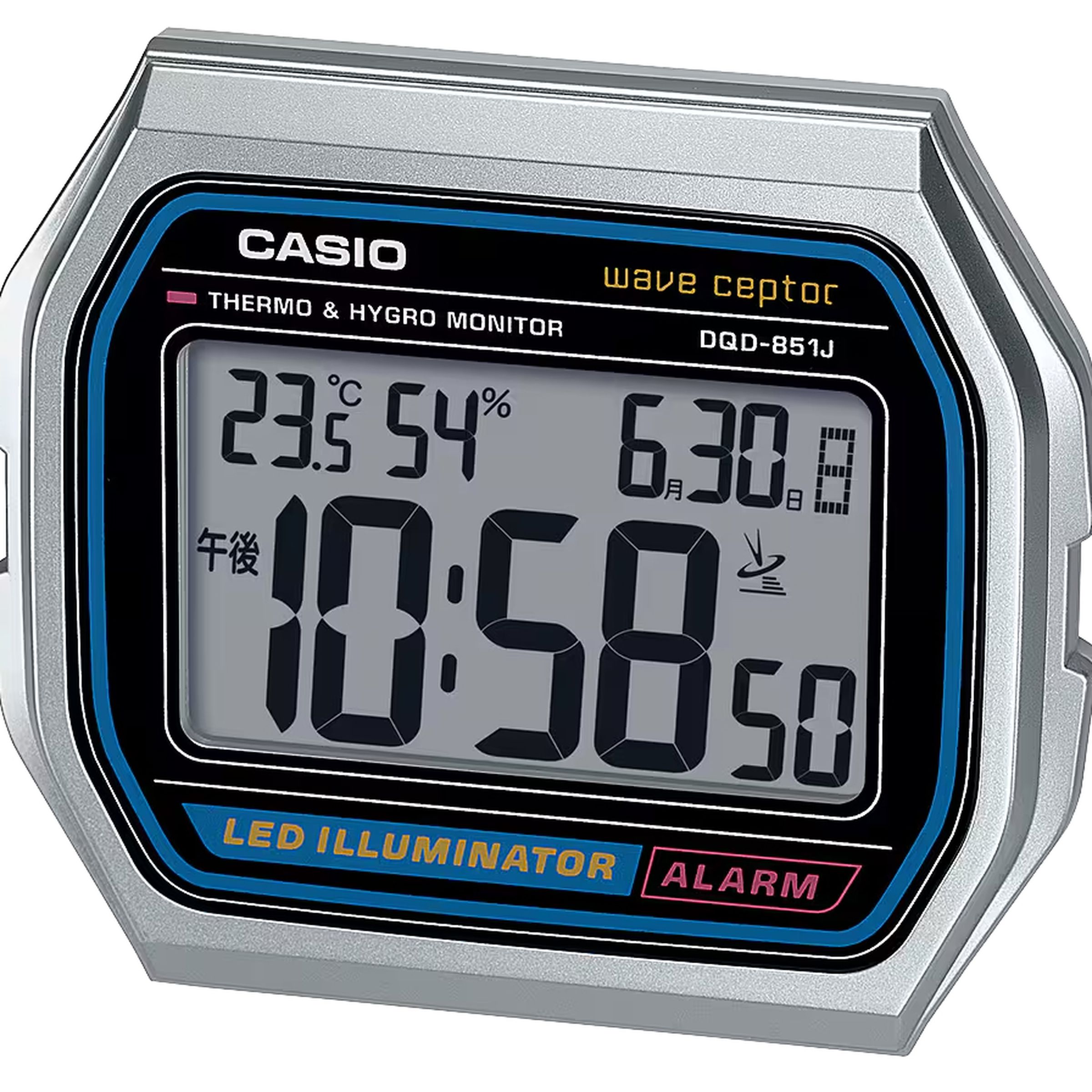 A Casio desk clock that looks like a larger version of a classic Casio digital watch.