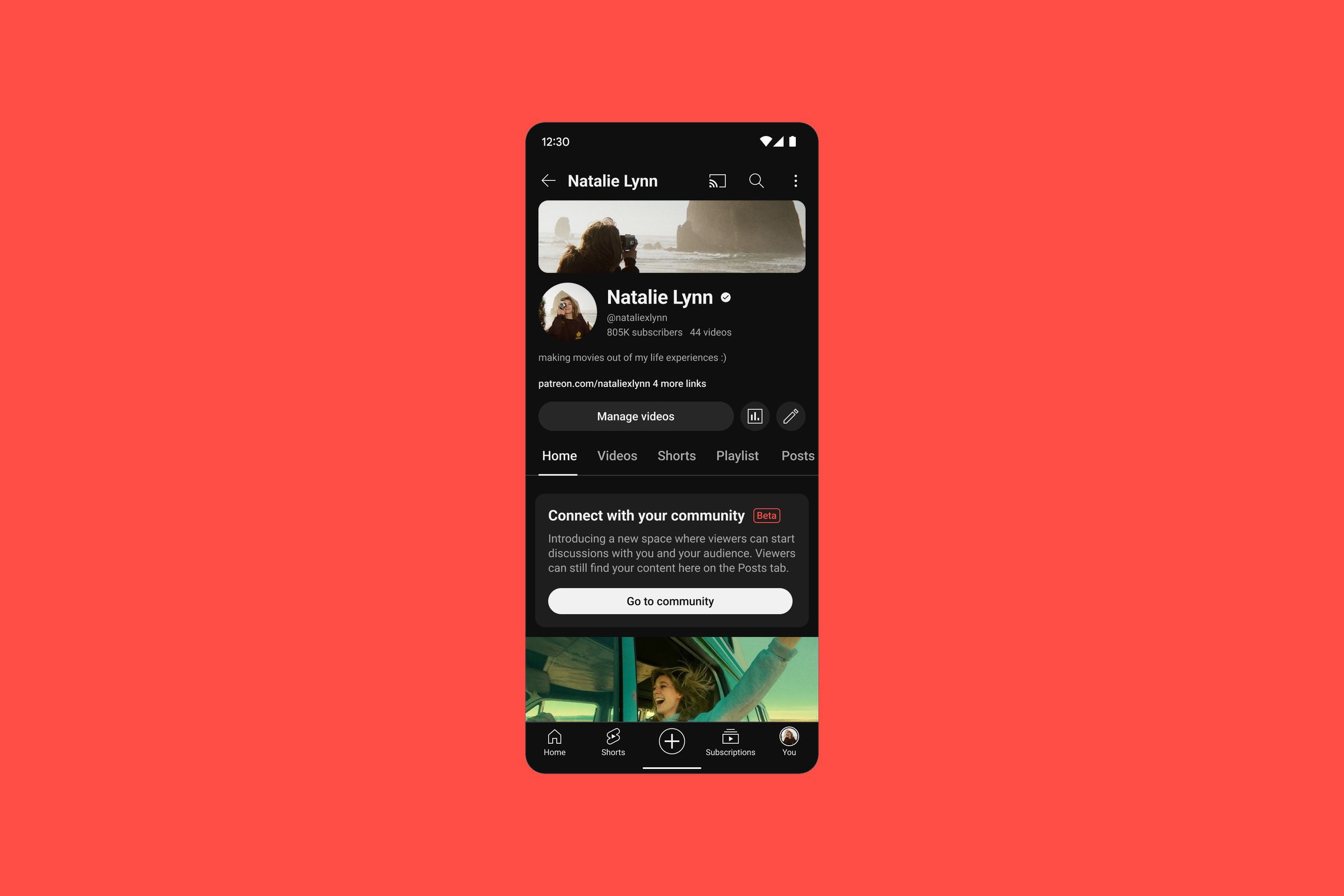 A screenshot of the YouTube app, showing the Community feature.