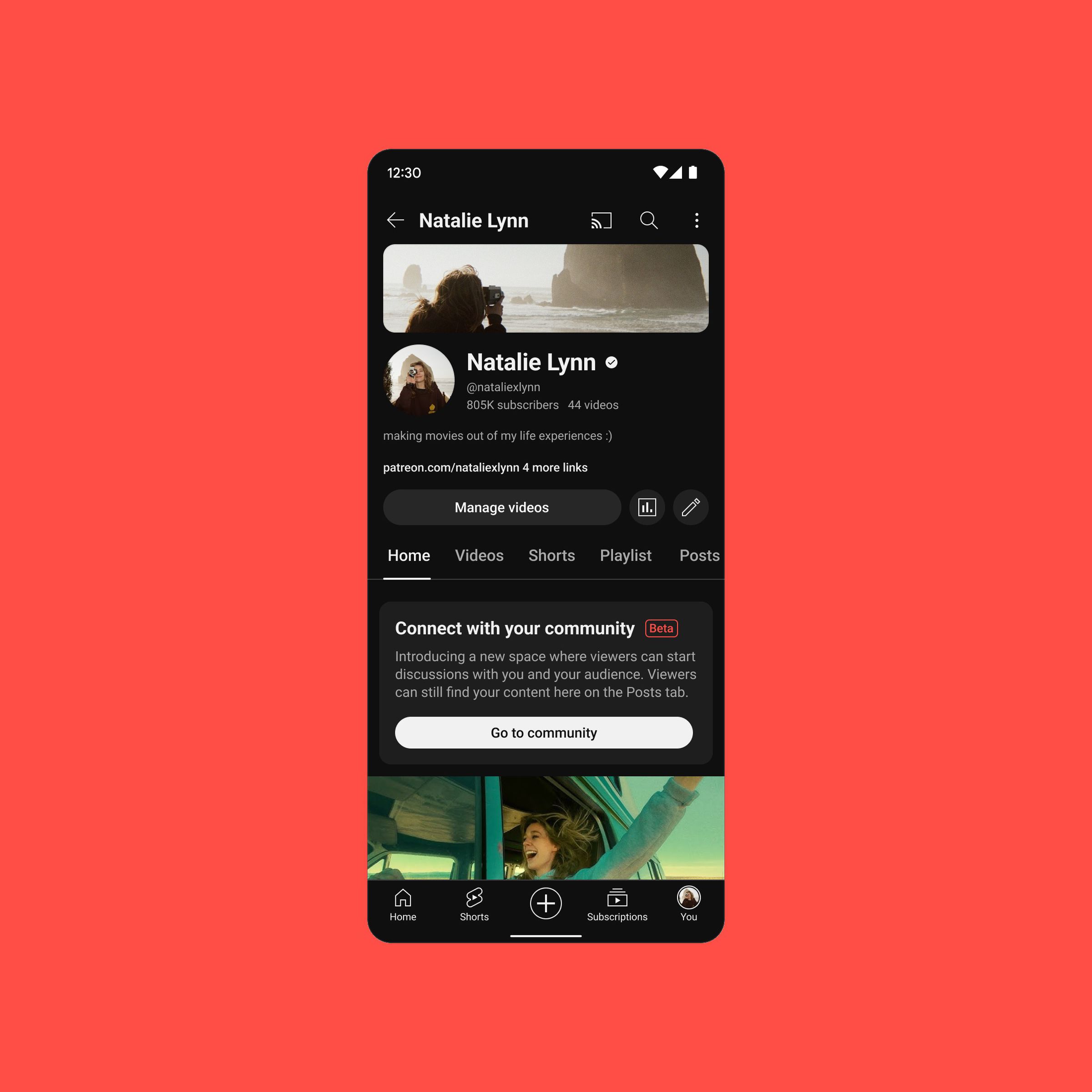 A screenshot of the YouTube app, showing the Community feature.