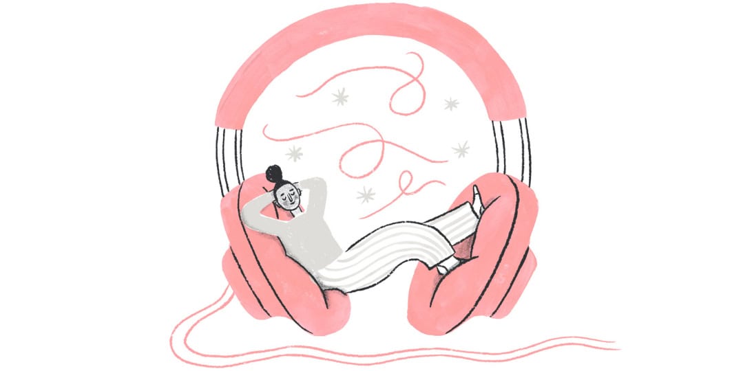 An illustration of a young woman relaxing inside a giant pink pair of over-the-ear headphones.