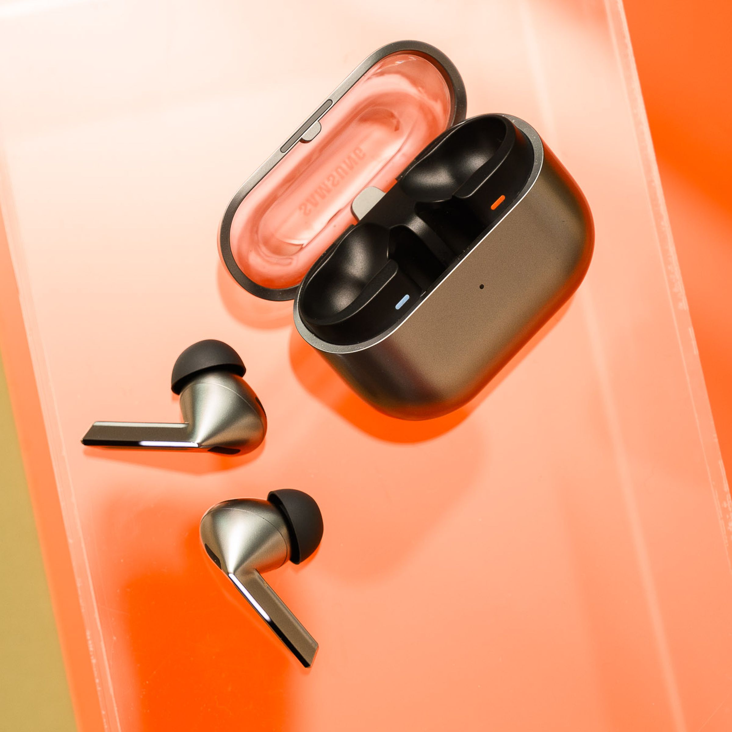 A hands-on photo of Samsung’s Galaxy Buds 3 Pro earbuds.