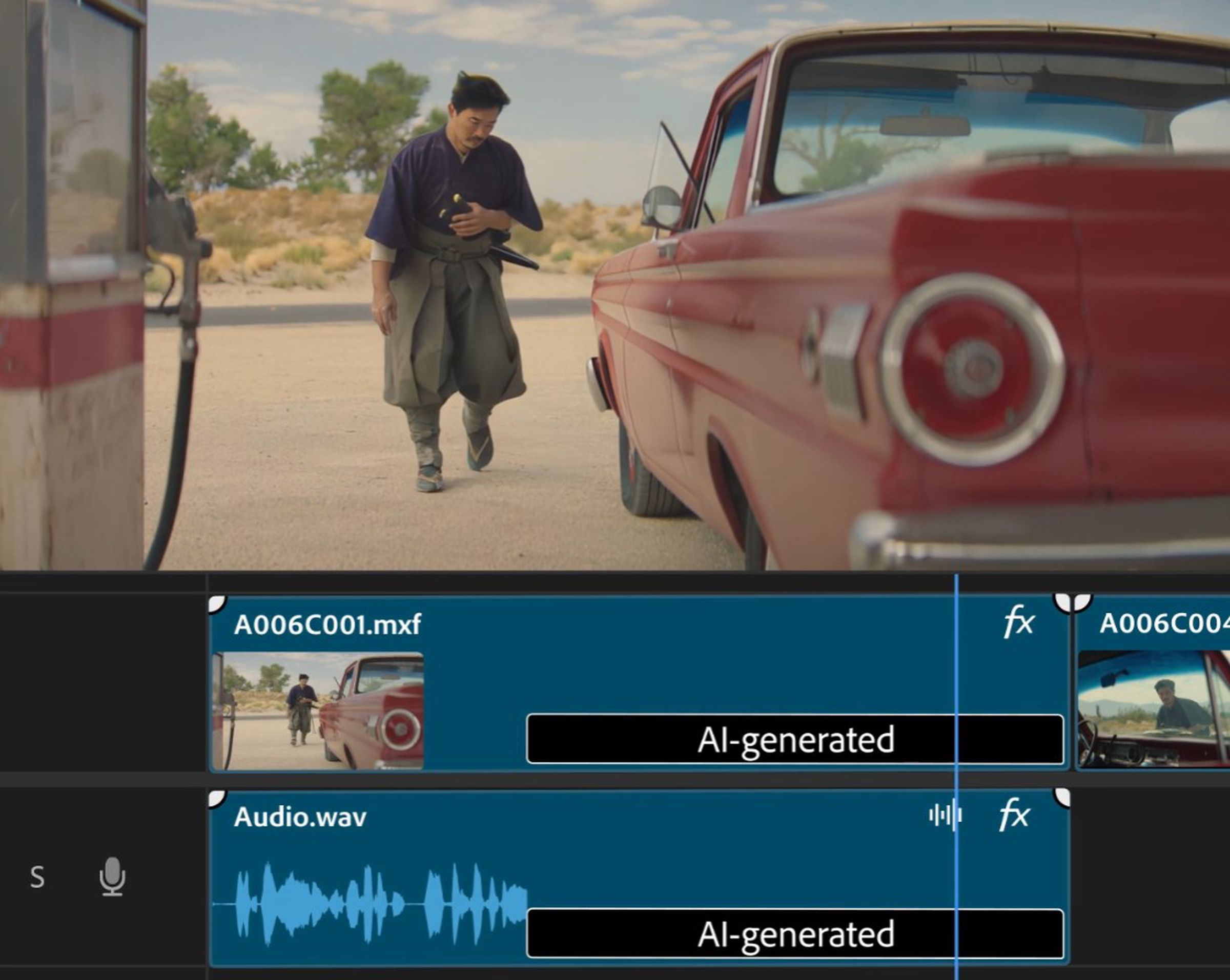 The new Generative Extend tool in Premiere Pro can fill gaps in footage that would ordinarily require a full reshoot, such as adding a few extra steps to this person walking next to a car.