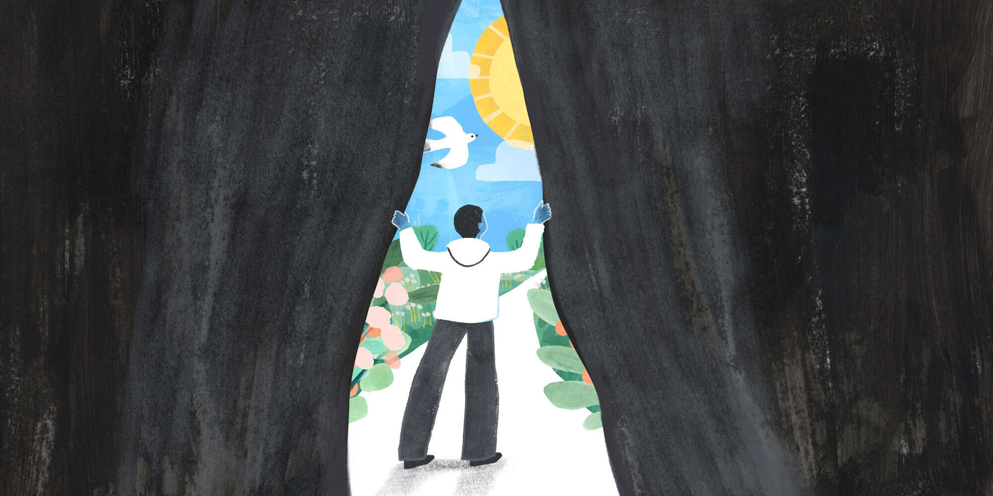An illustration of a young from behind, pulling open black curtains to reveal the sunny, beautiful day outside.