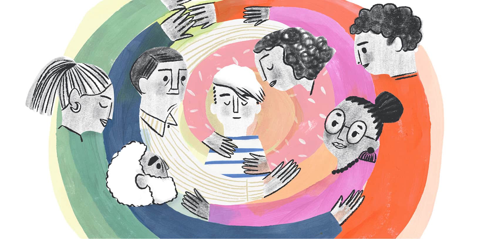 An illustration depicting a young person at the center of a concentric swirl of hugs from various loved ones.