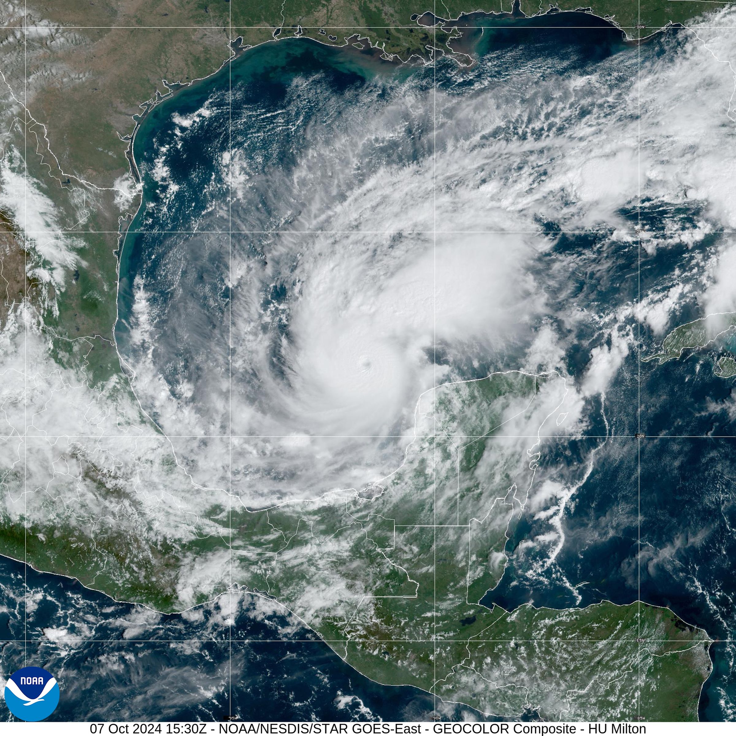 A satellite image of a large hurricane swirling over the Gulf of Mexico.