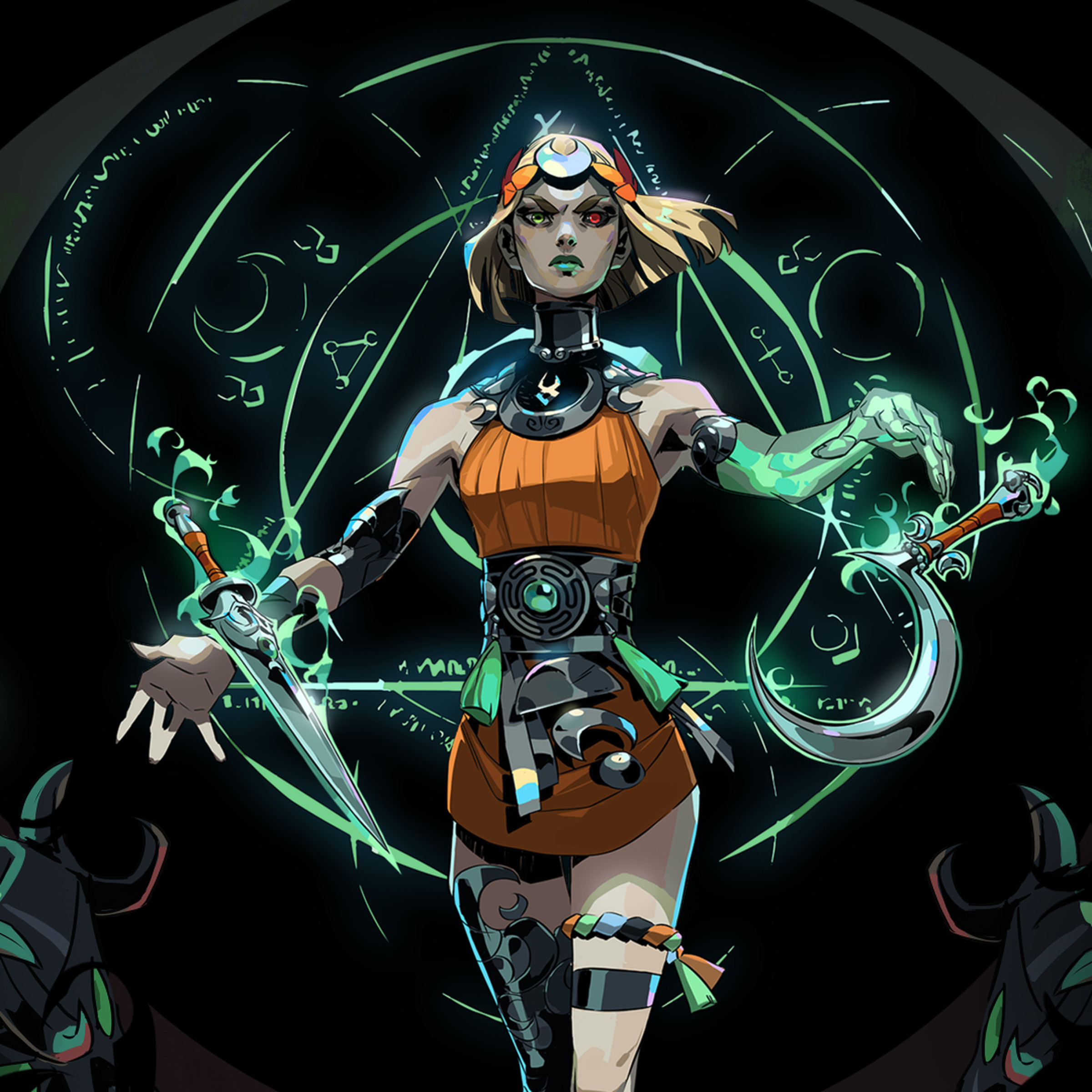 Key art from Hades 2 featuring the protagonist Melinoë, a young woman with bicolor eyes and green, glowing arm.
