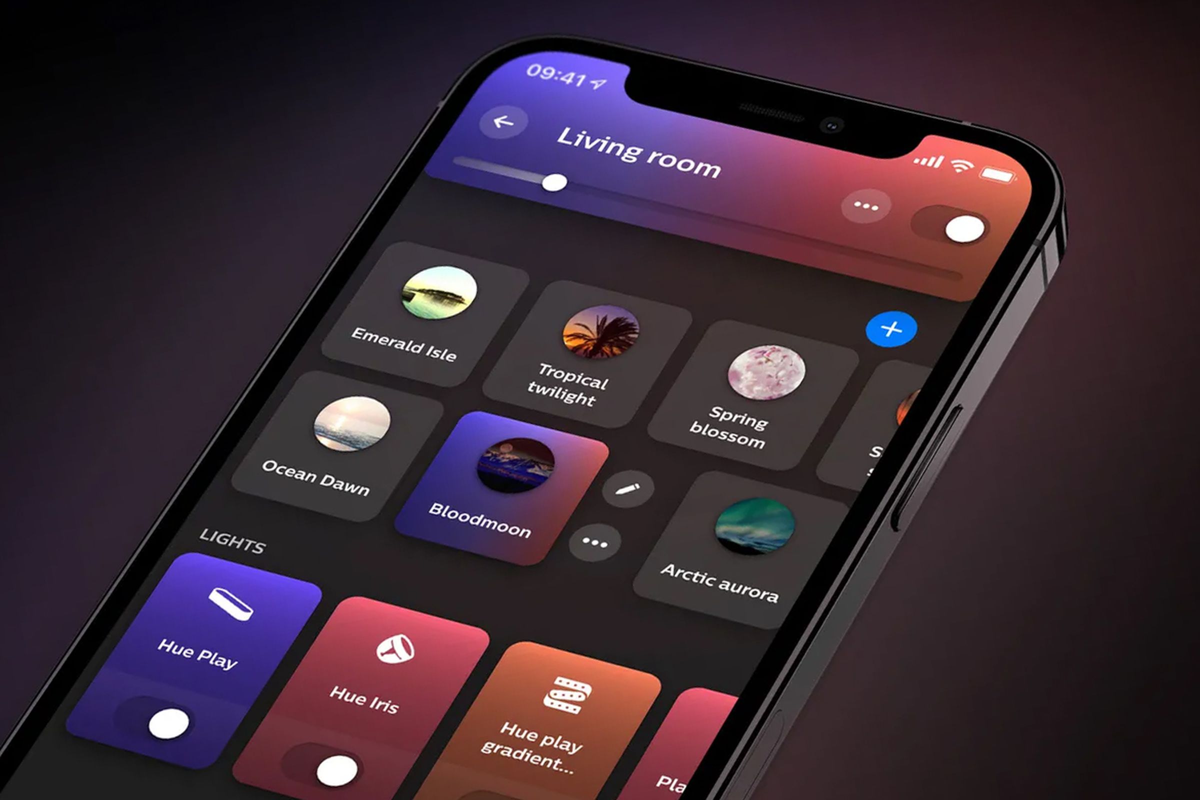 A close-up of the Philips Hue smart lighting app running on an iPhone.