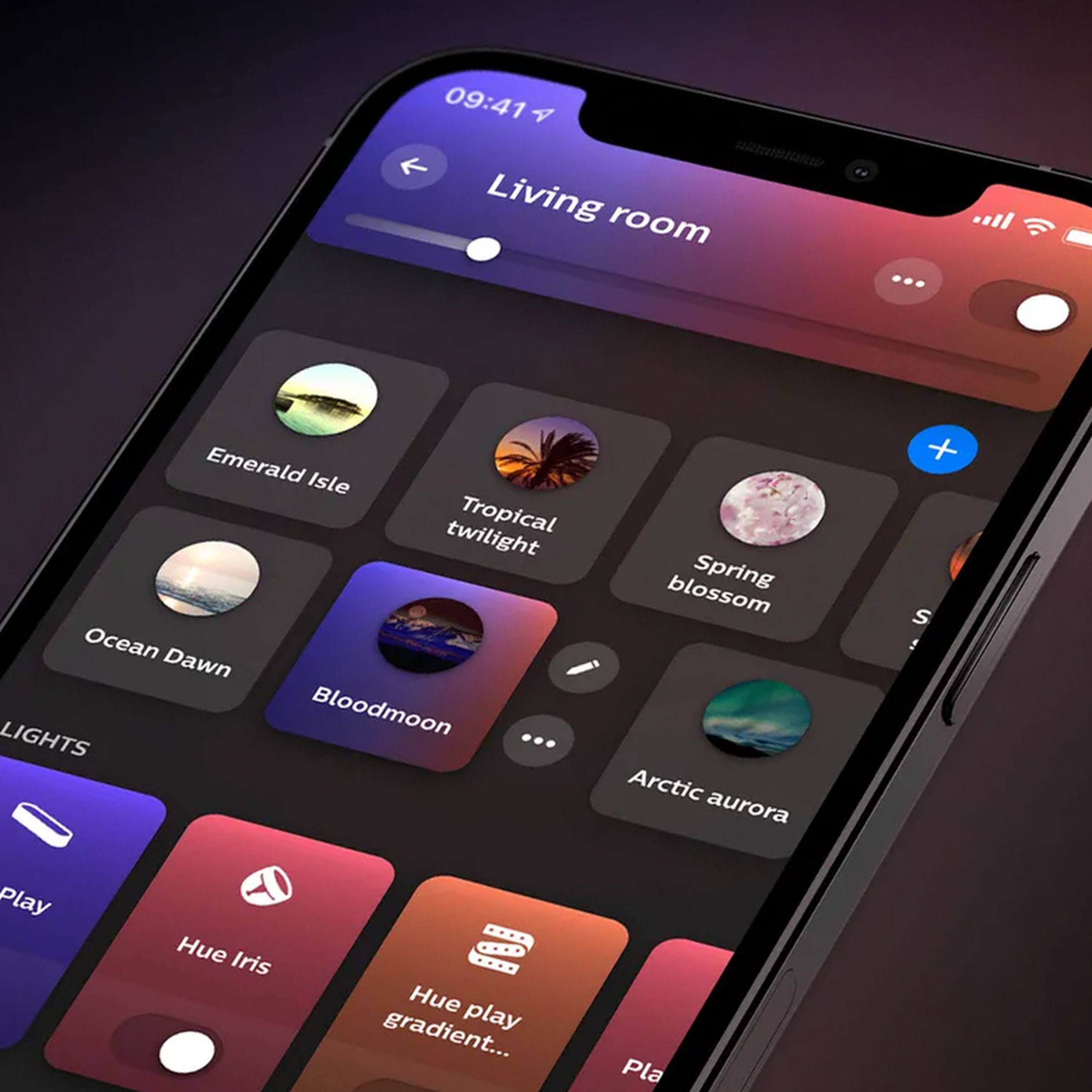 A close-up of the Philips Hue smart lighting app running on an iPhone.