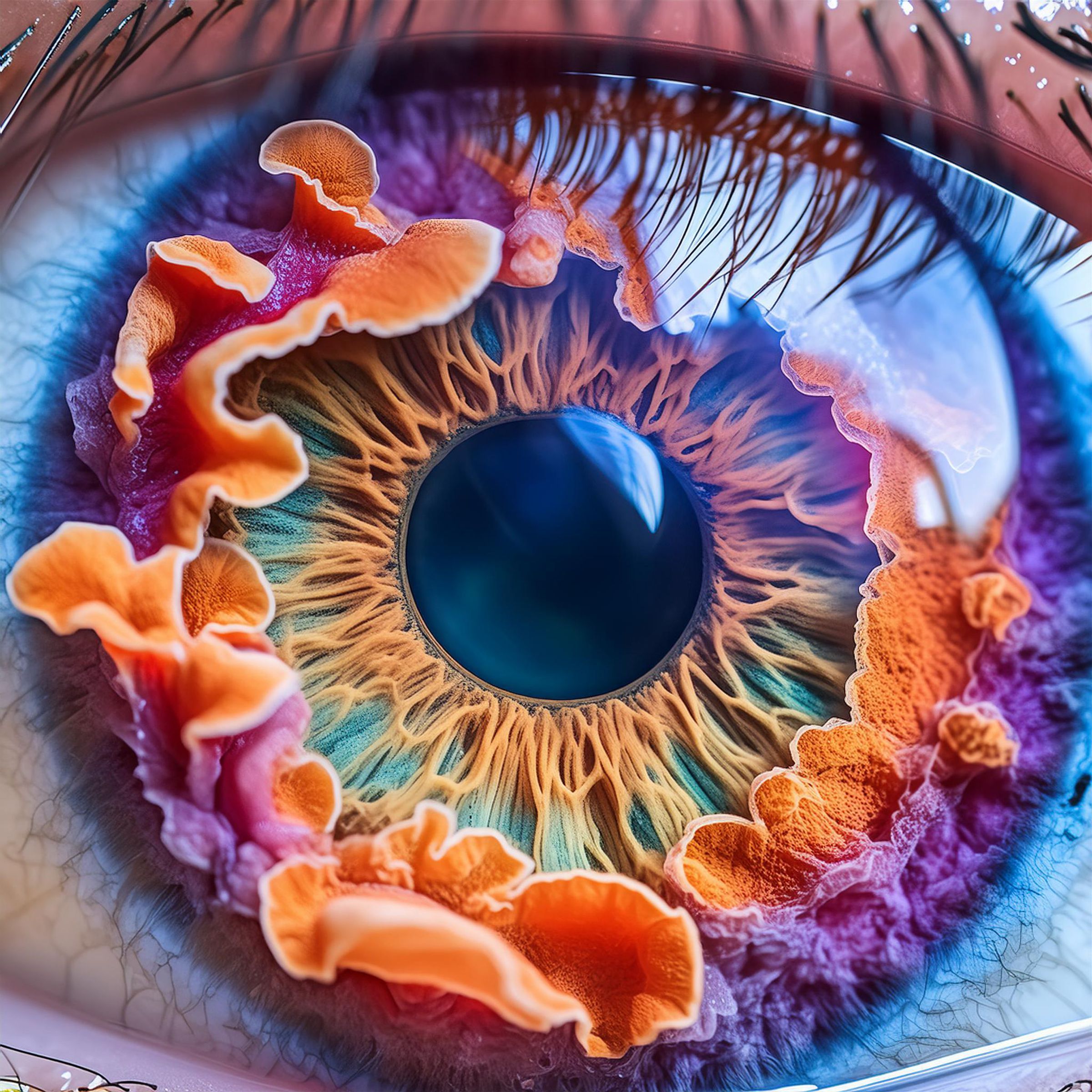 An AI-generated image produced by Firefly 3, prompted to create a hyper-realistic eye inspired by cordyseps mushrooms.