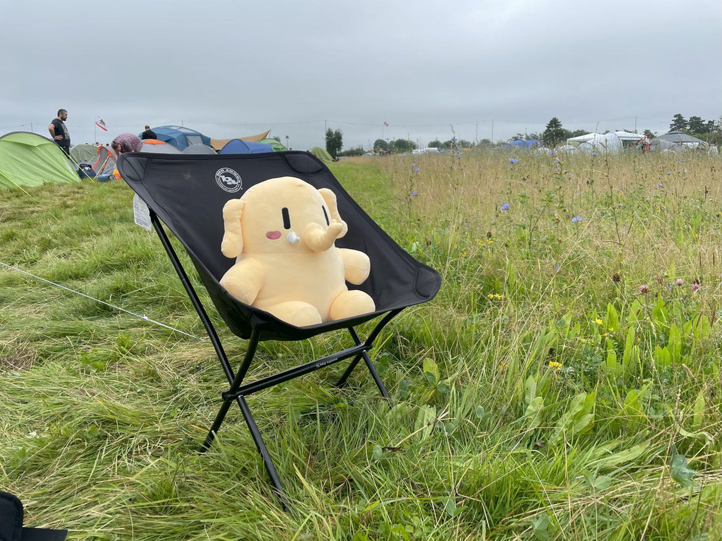 A photo of the Mastodon plushie on a camping chair.
