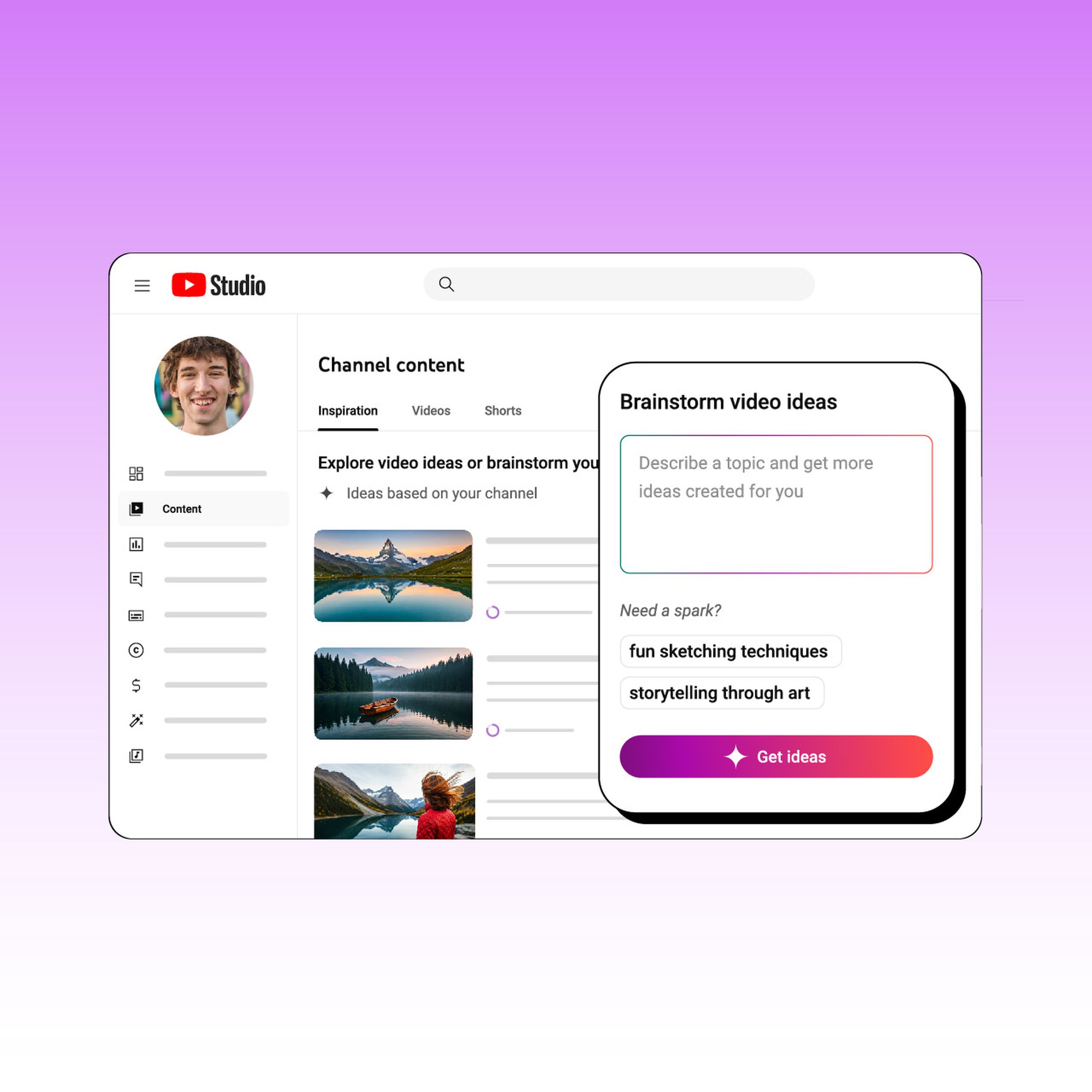A screenshot of the YouTube Inspiration tab, with a brainstorming window opened.