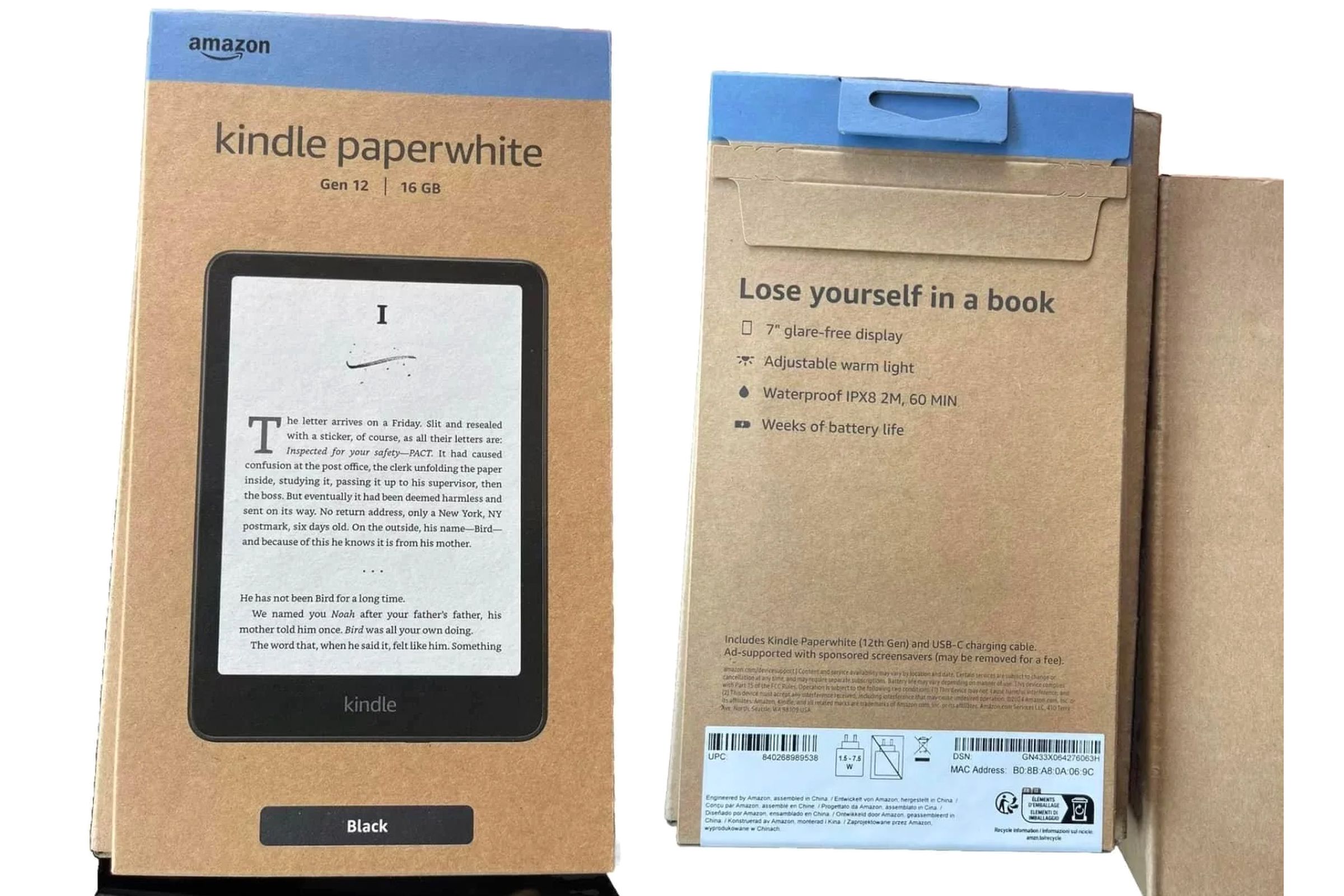 The front and back of the packaging for the Amazon Kindle 12th-gen e-reader.
