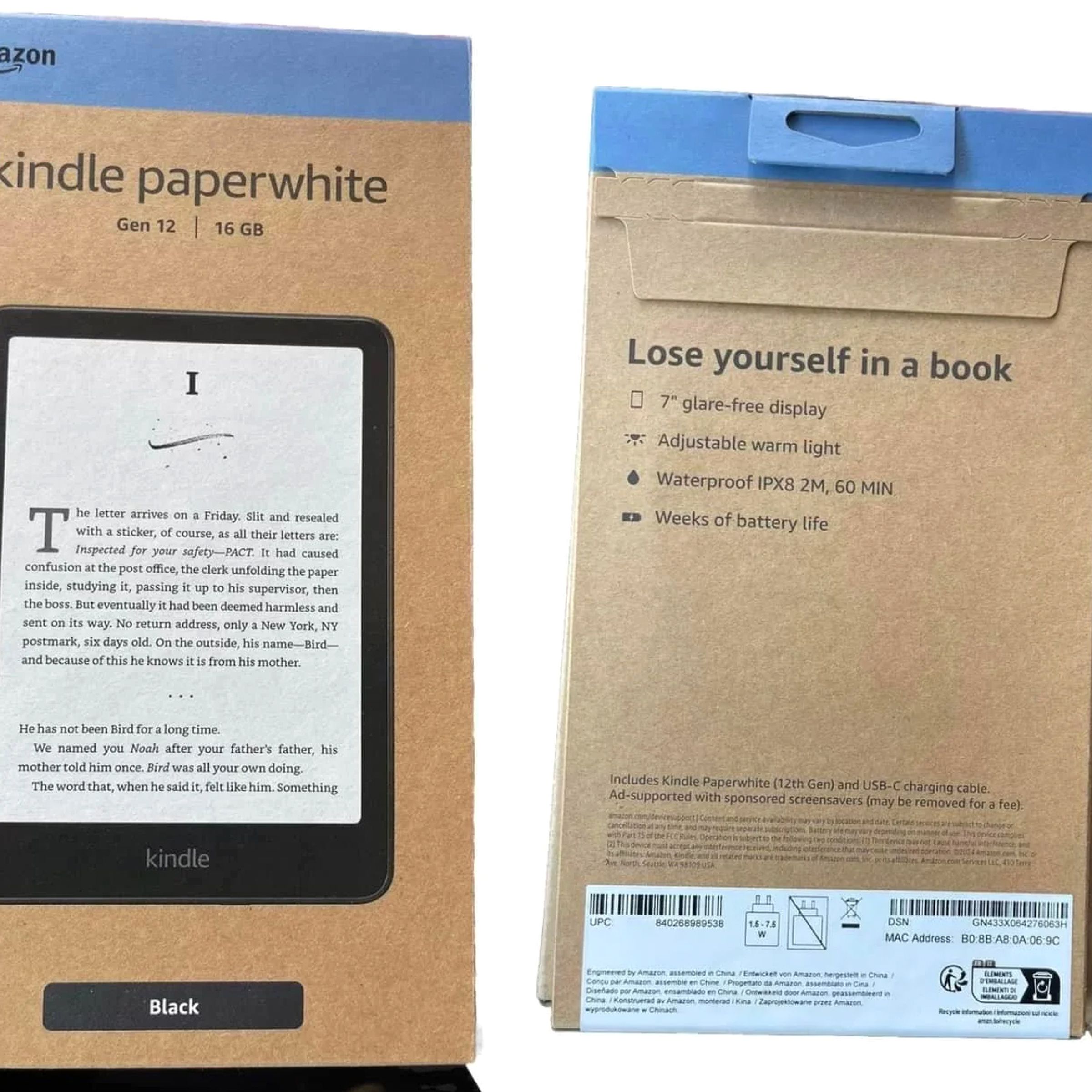 The front and back of the packaging for the Amazon Kindle 12th-gen e-reader.