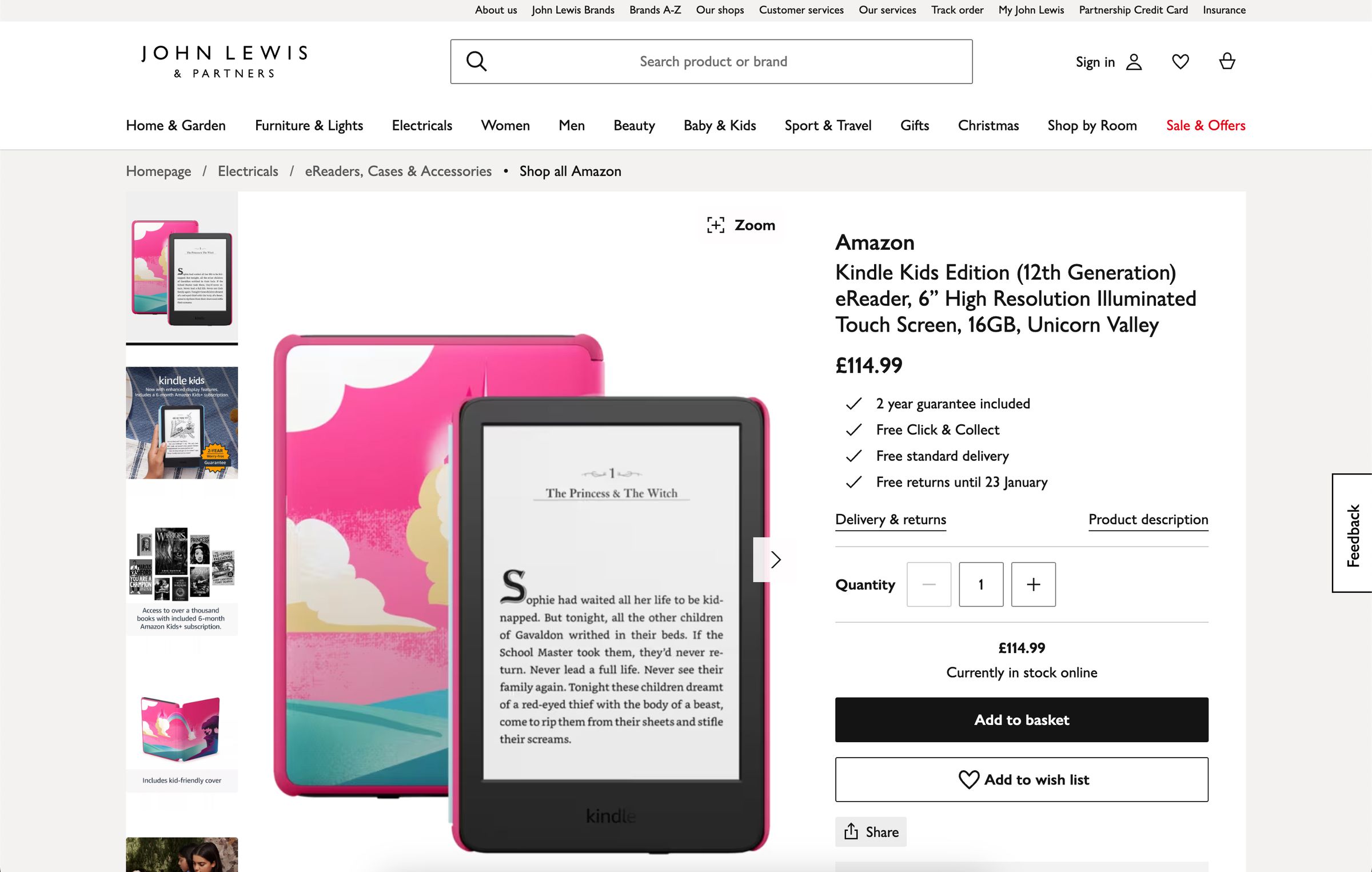A screenshot of the John Lewis’ online store’s listing for the 12th-gen Amazon Kindle Kids Edition.