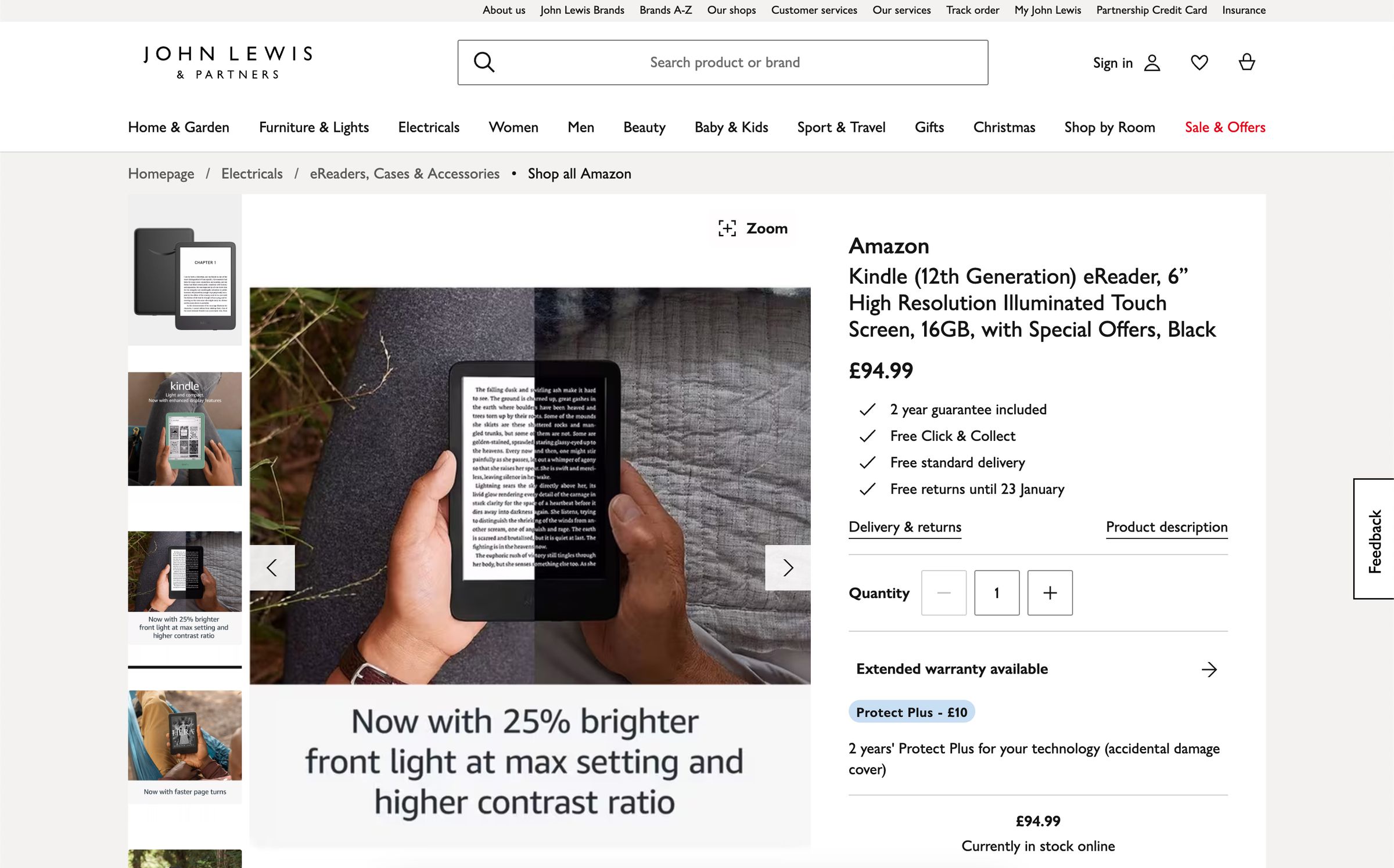 A screenshot of John Lewis’ online store’s listing for the 12th-gen Amazon Kindle.