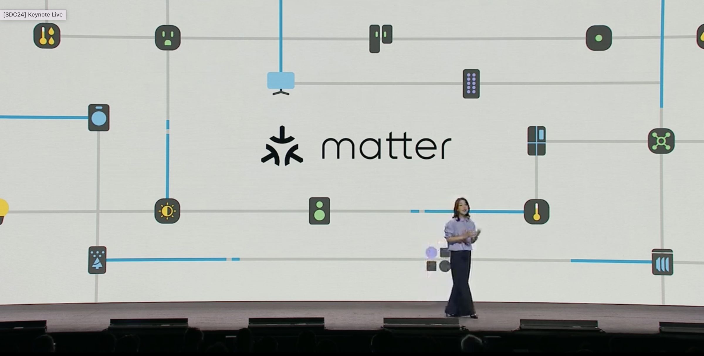 Samsung SmartThings’ Jaeyeon Jung onstage at today’s Samsung Developer’s Conference, where it was announced that SmartThings now supports Matter 1.3. 