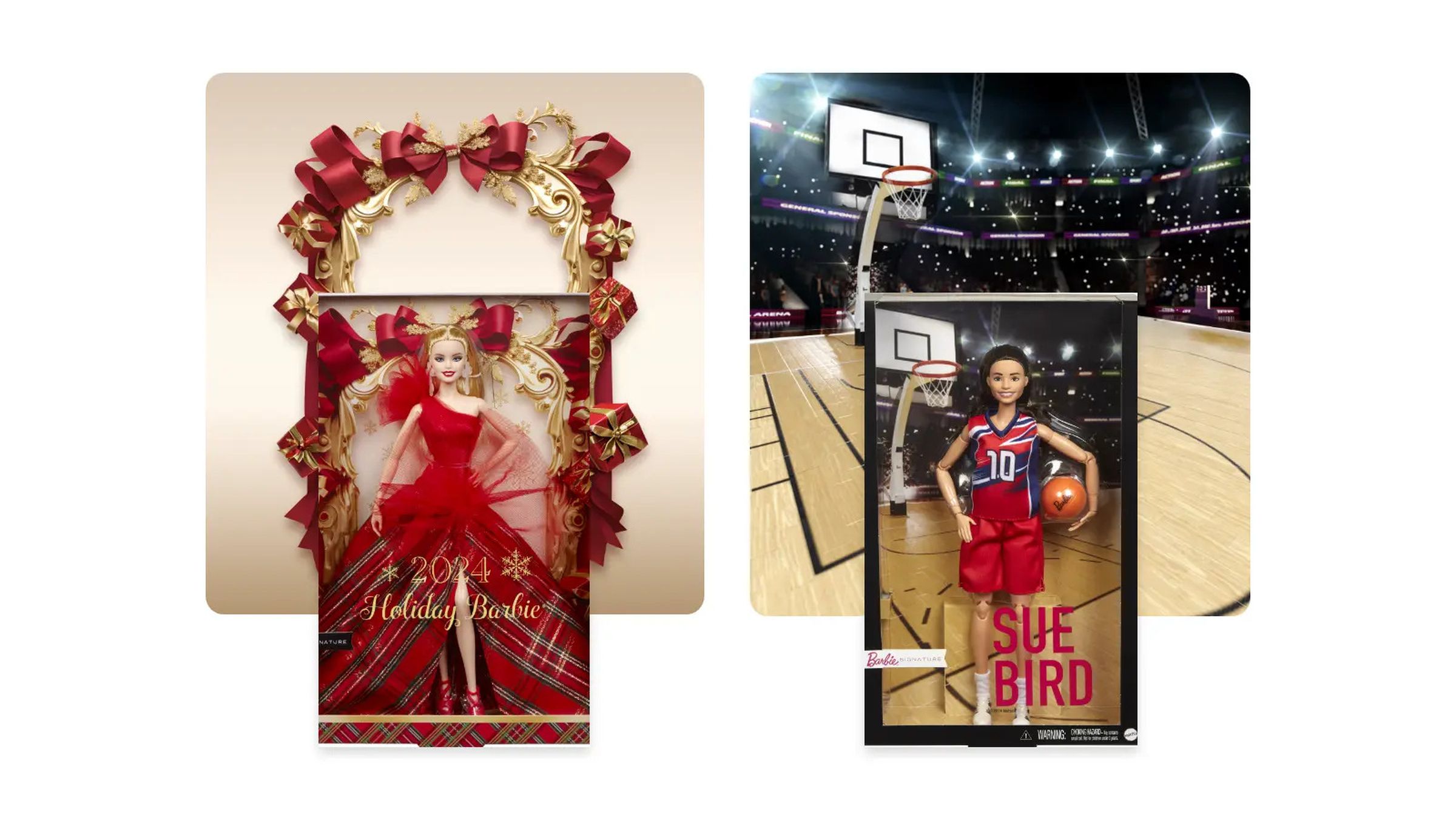 A holiday-themed Barbie doll against a picture frame backdrop and a sports-themed doll against an image of a basketball court.