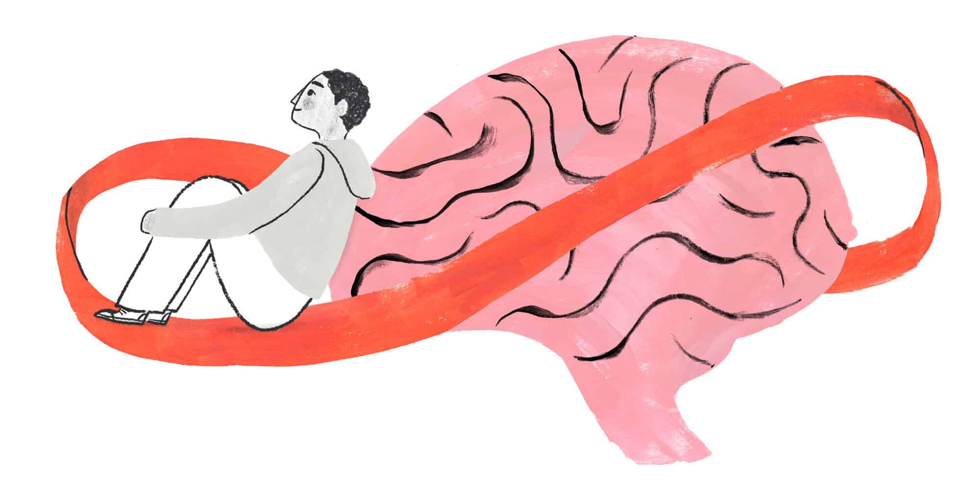 An illustration of a young person sitting on a red ribbon or track circling a large brain.