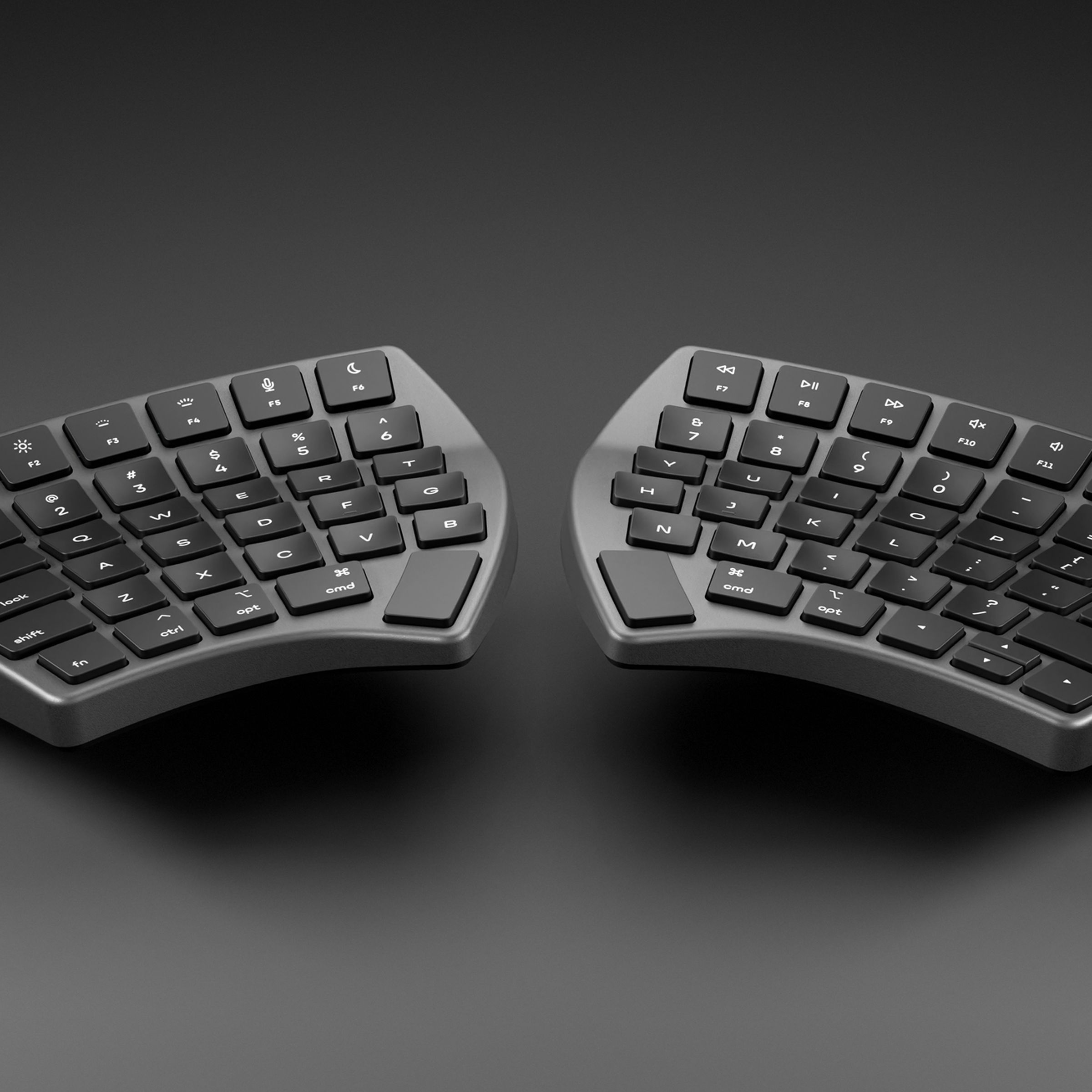 The NUIO Flow keyboard elevated with an unseen stand beneath each side.