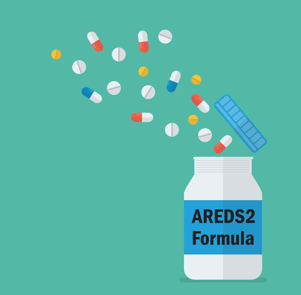 Illustration of a medication bottle labeled AREDS2 formula with the top open at an angle and pills flying out, all on a green background.