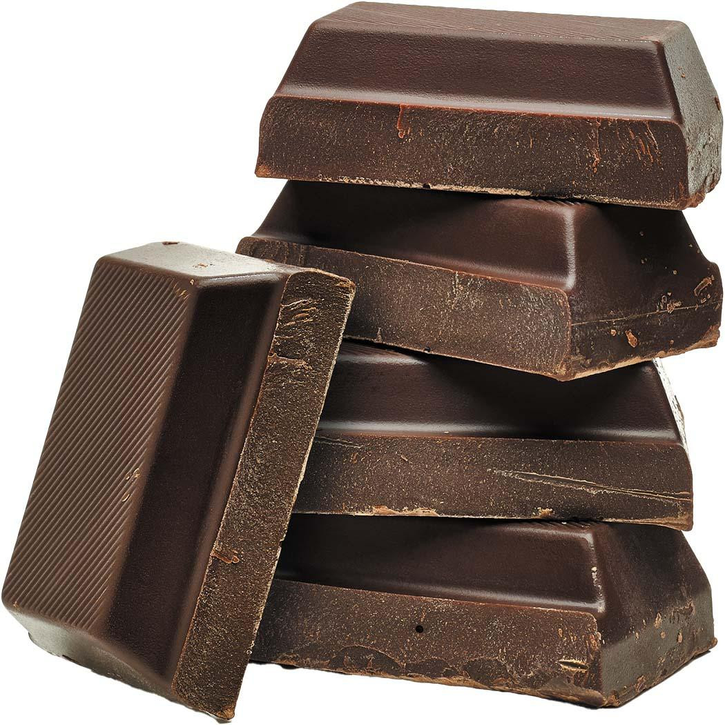 A stack of rectangular pieces of dark chocolate.
