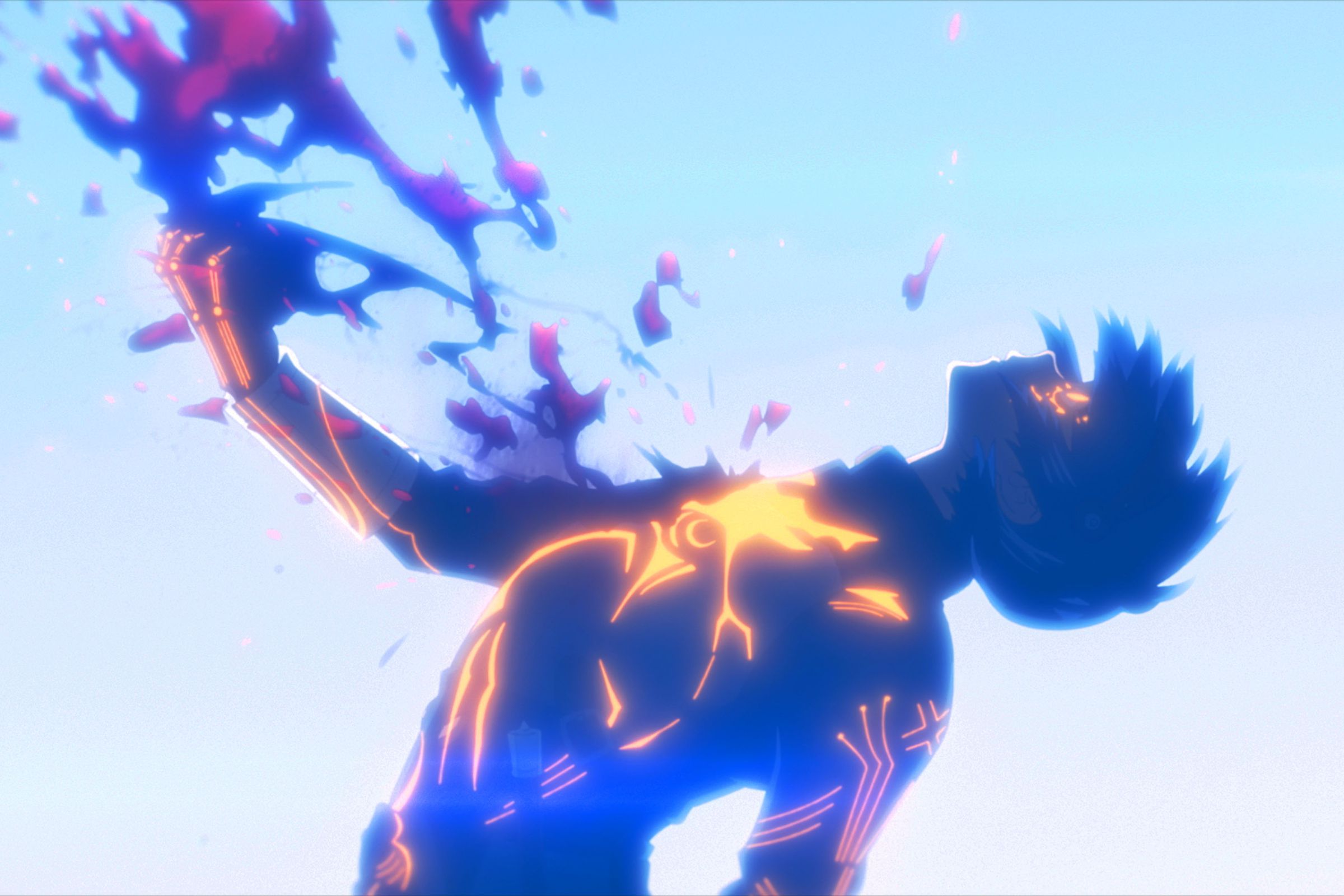 Screenshot from Metaphor: ReFantazio featuring a silhouetted young man with glowing marks all over the top half of his body violently ripping out his heart with blood splatter.