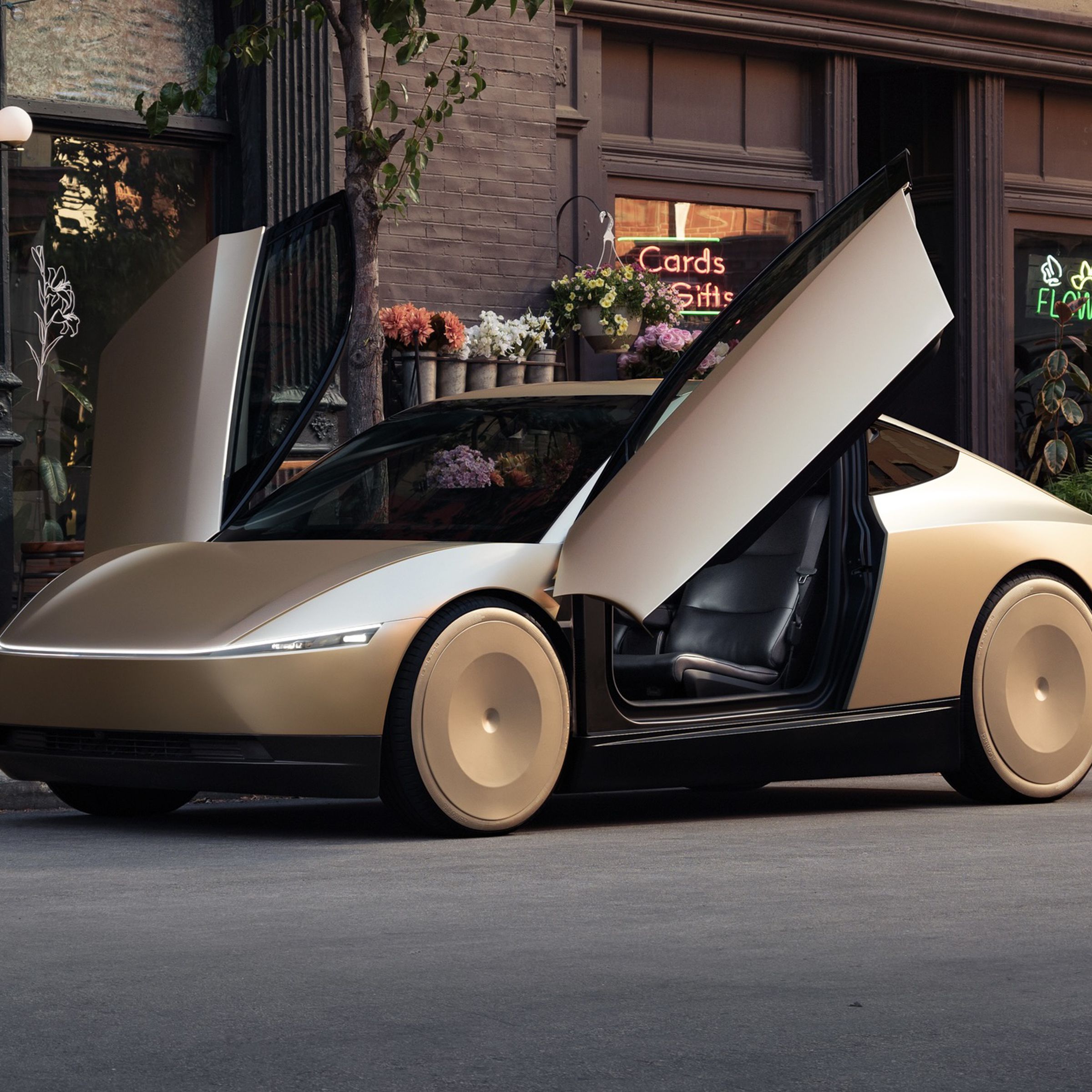 Two-door vehicle with open doors in front of shop.