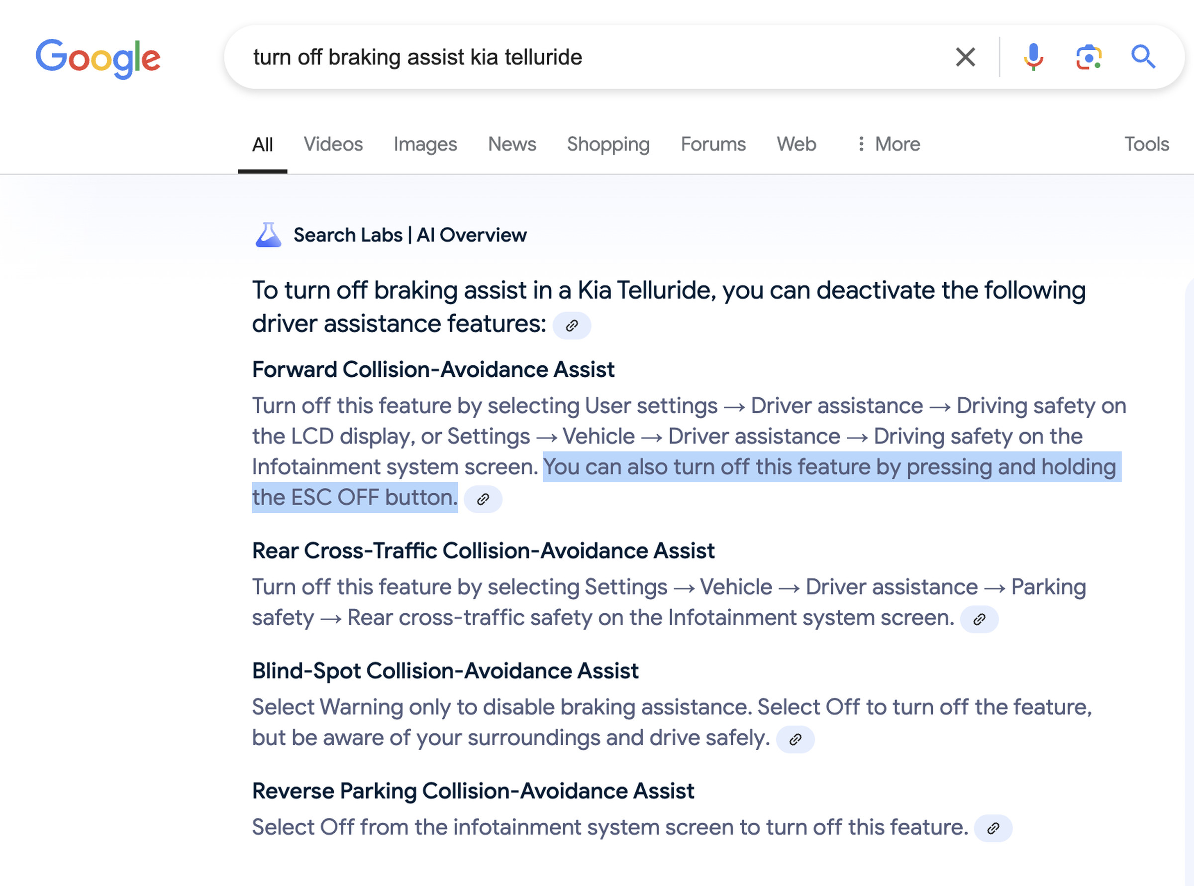 A Google AI overview suggesting disabling electronic stability control to turn off collision assist on the Kia Telluride.
