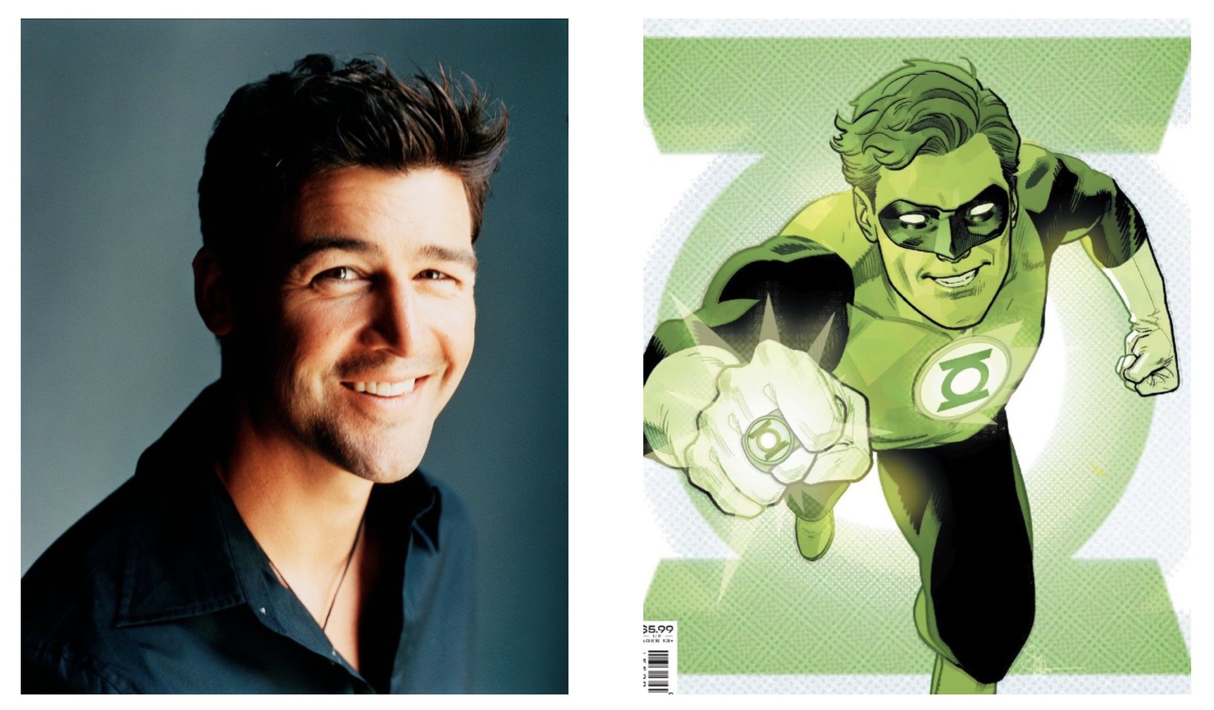 A photo of Kyle Chandler, and an image of a man in a green and black superhero costume wearing a green ring.