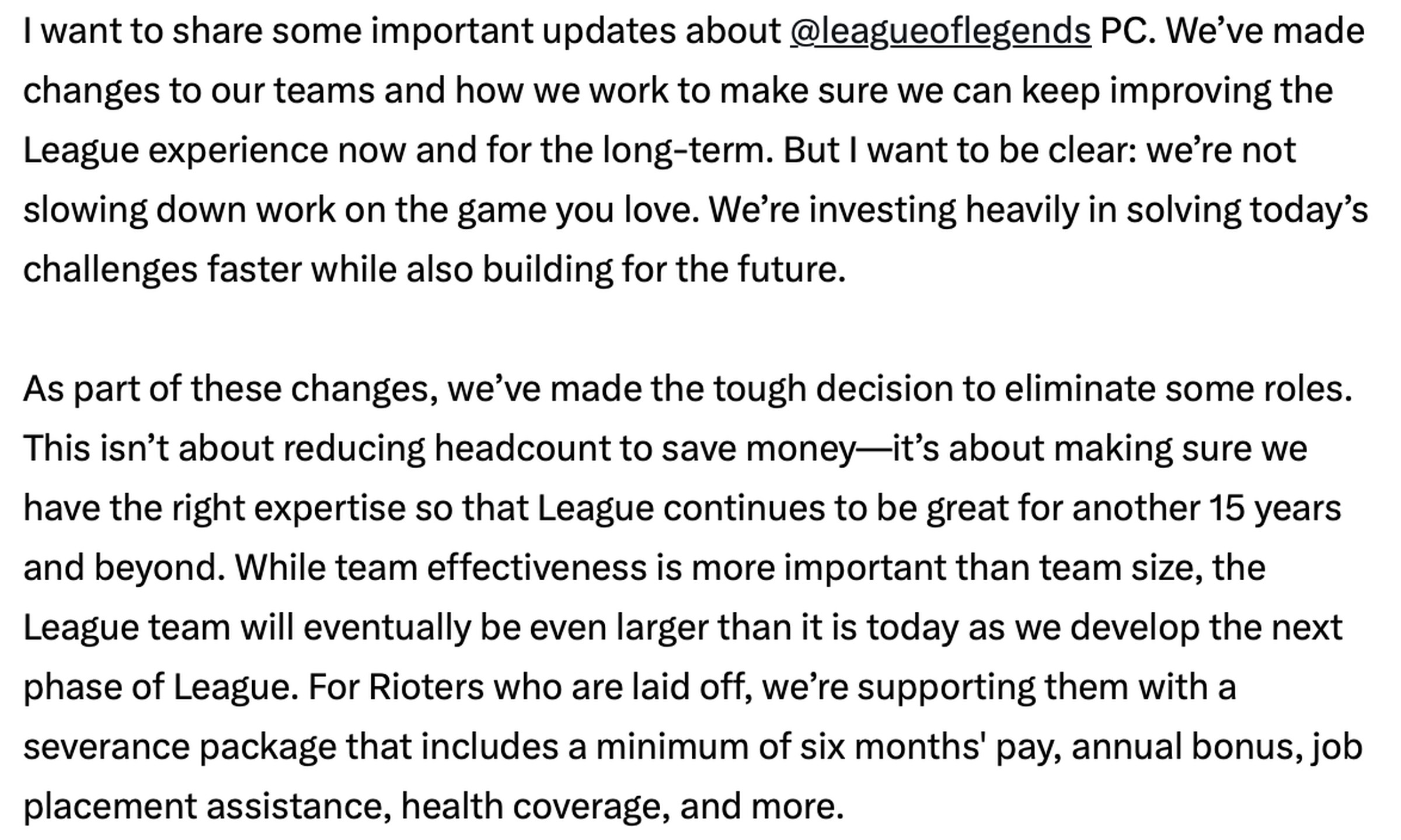A screenshot of some of Marc Merrill’s post about the layoffs.