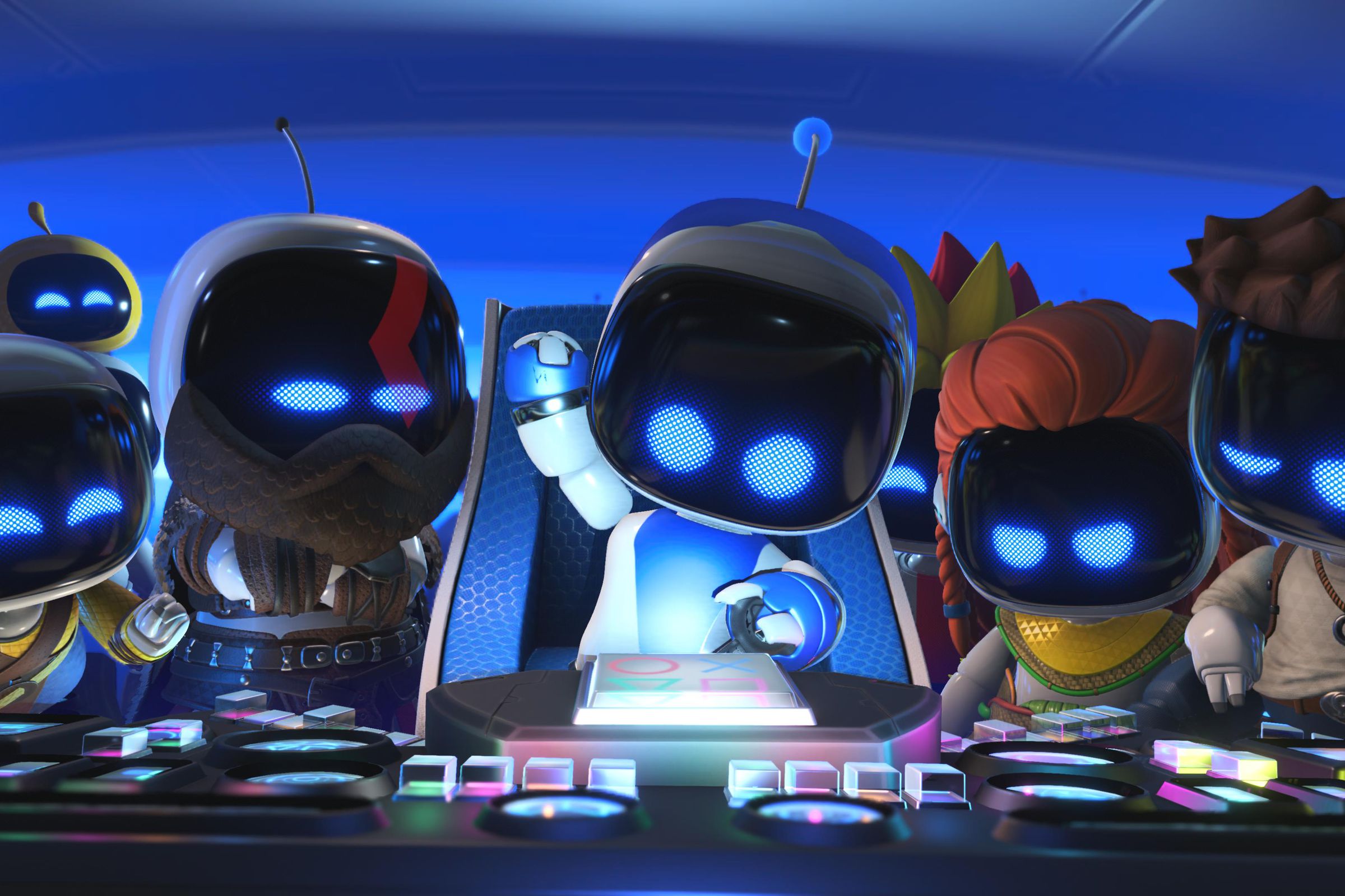 Screenshot from Astro Bot featuring the titular bot surrounded by robot-like versions of PlayStation characters including Nathan Drake, Kratos, and Aloy.