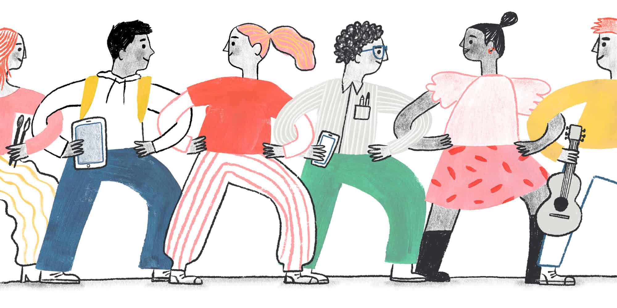 An illustration of an assortment of young people linking arms.