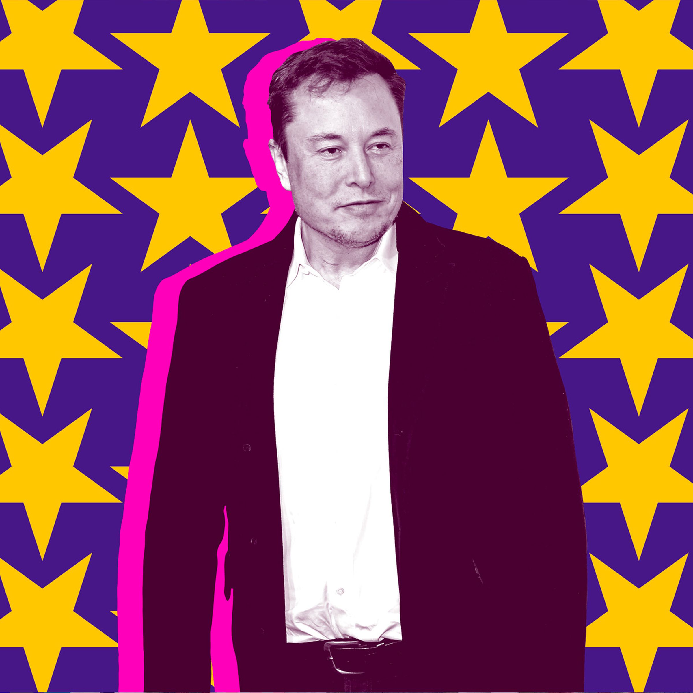 Illustration of Elon Musk standing with a purple background covered in yellow stars.