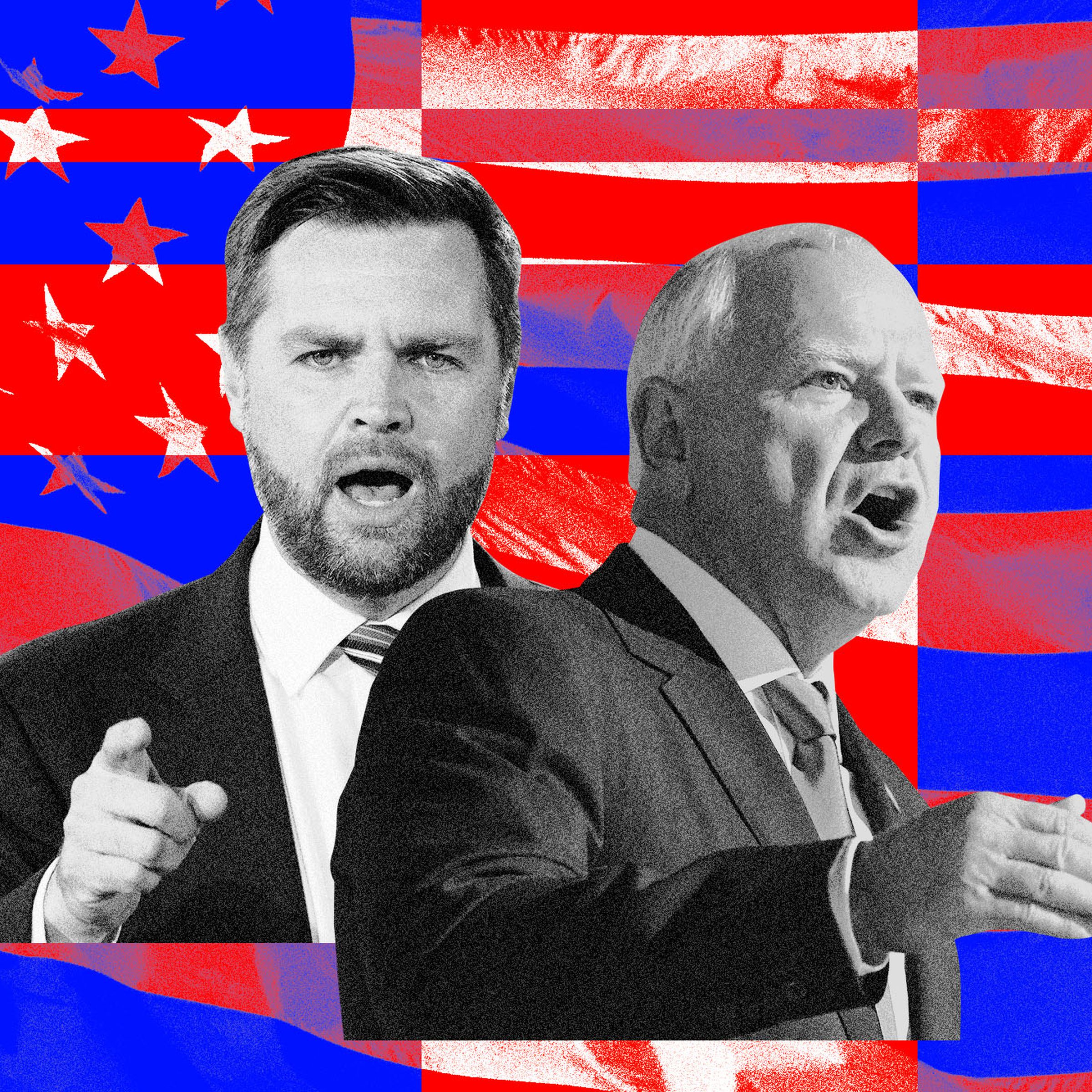 Graphic photo collage of 2024 Vice Presidentia candidates JD Vance and Tim Walz.