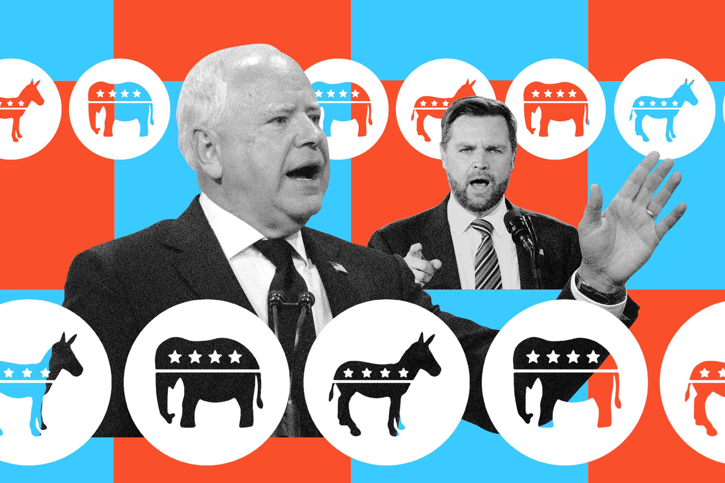 Graphic photo collage of 2024 Vice Presidential candidates JD Vance and Tim Walz.
