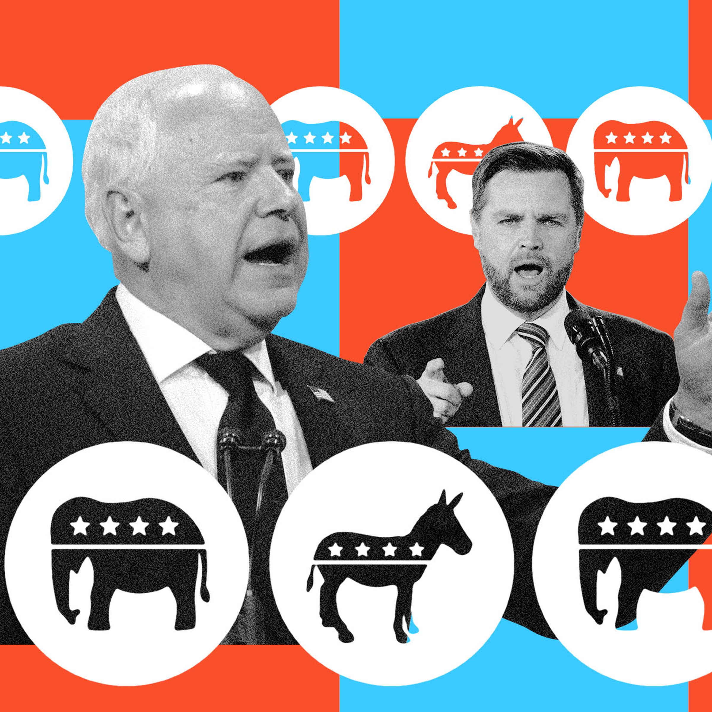 Graphic photo collage of 2024 Vice Presidential candidates JD Vance and Tim Walz.