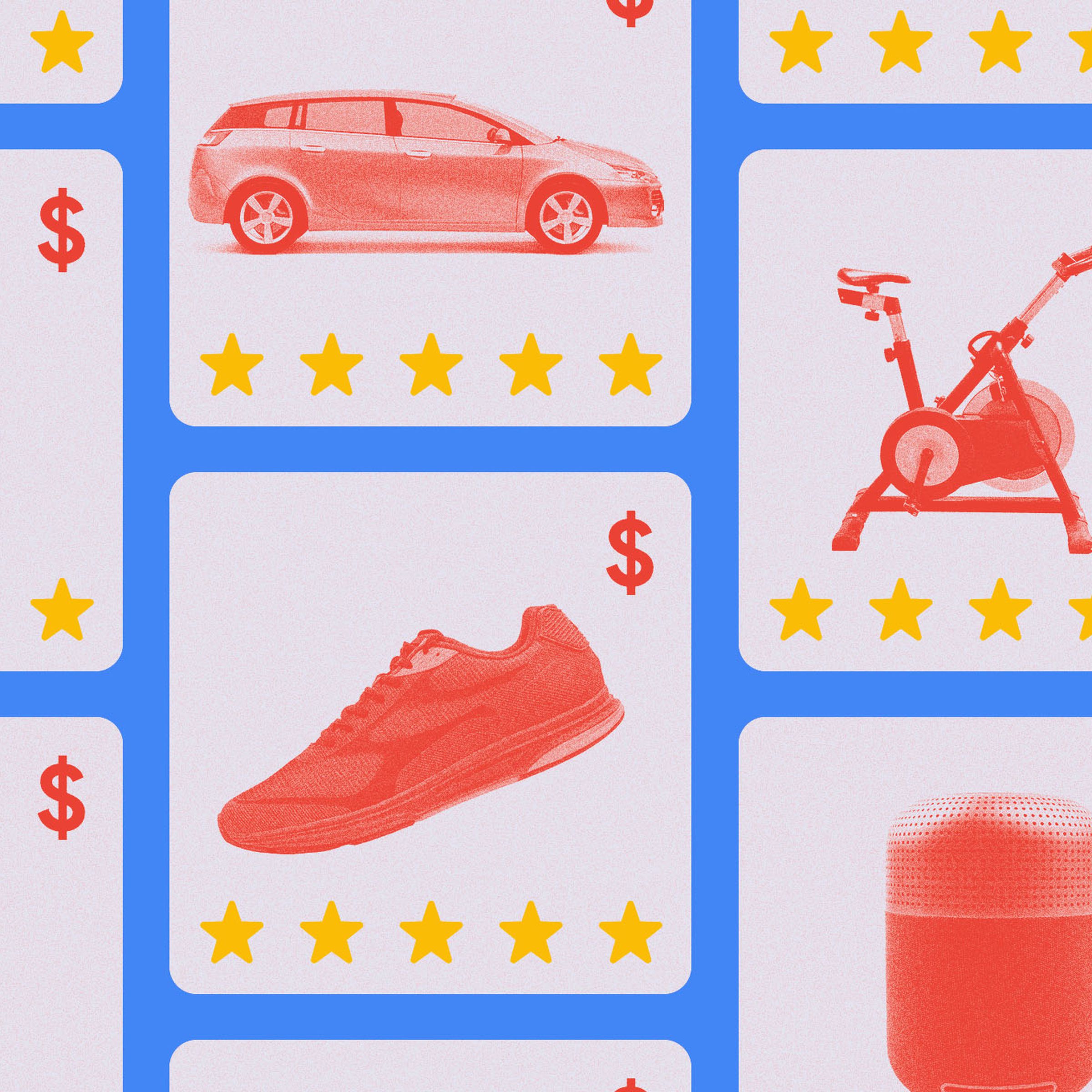 Photo collage of a page full of ads for different products.