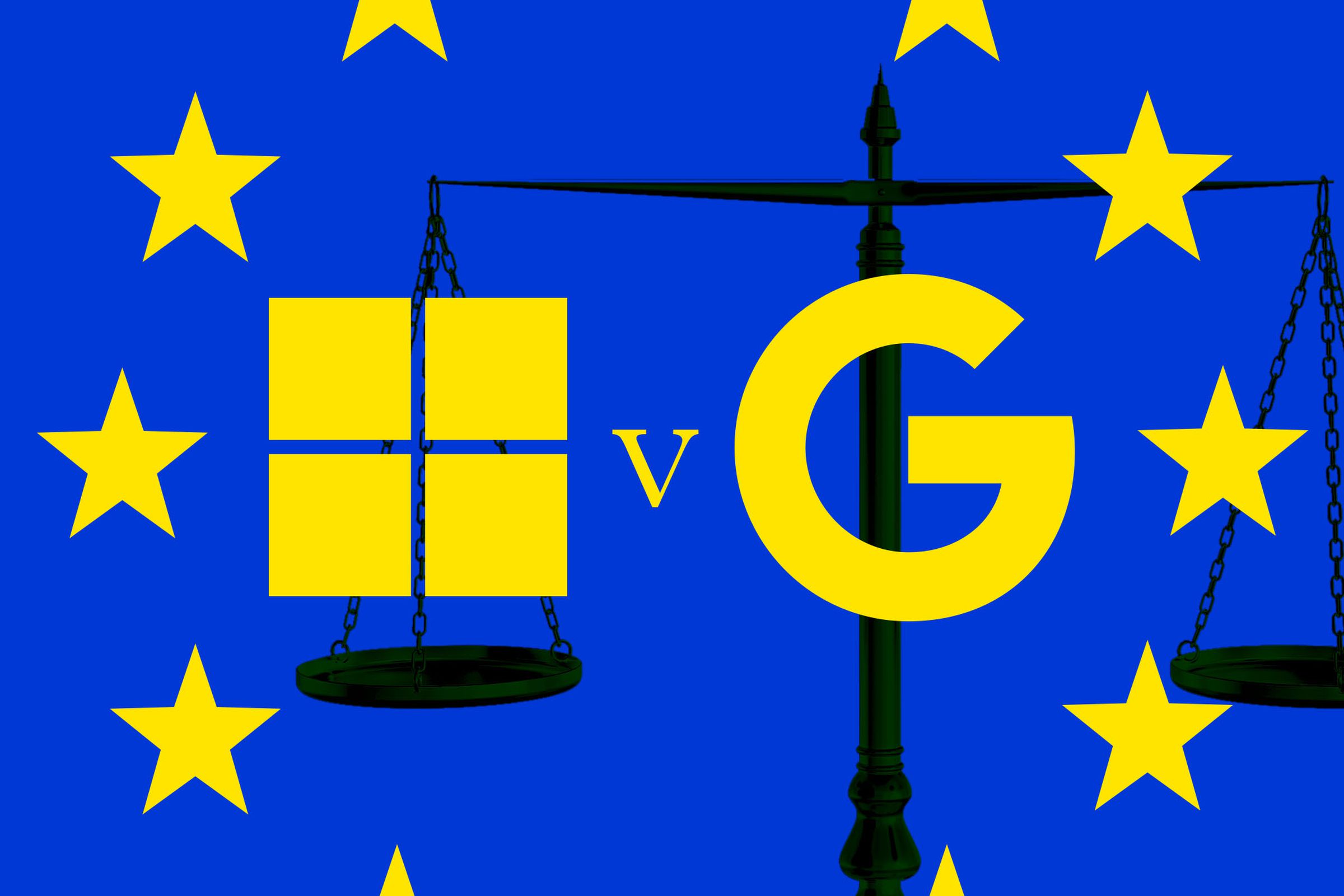 Vector illustration of the Microsoft and Google logos in front of EU flag stars and justice scales.