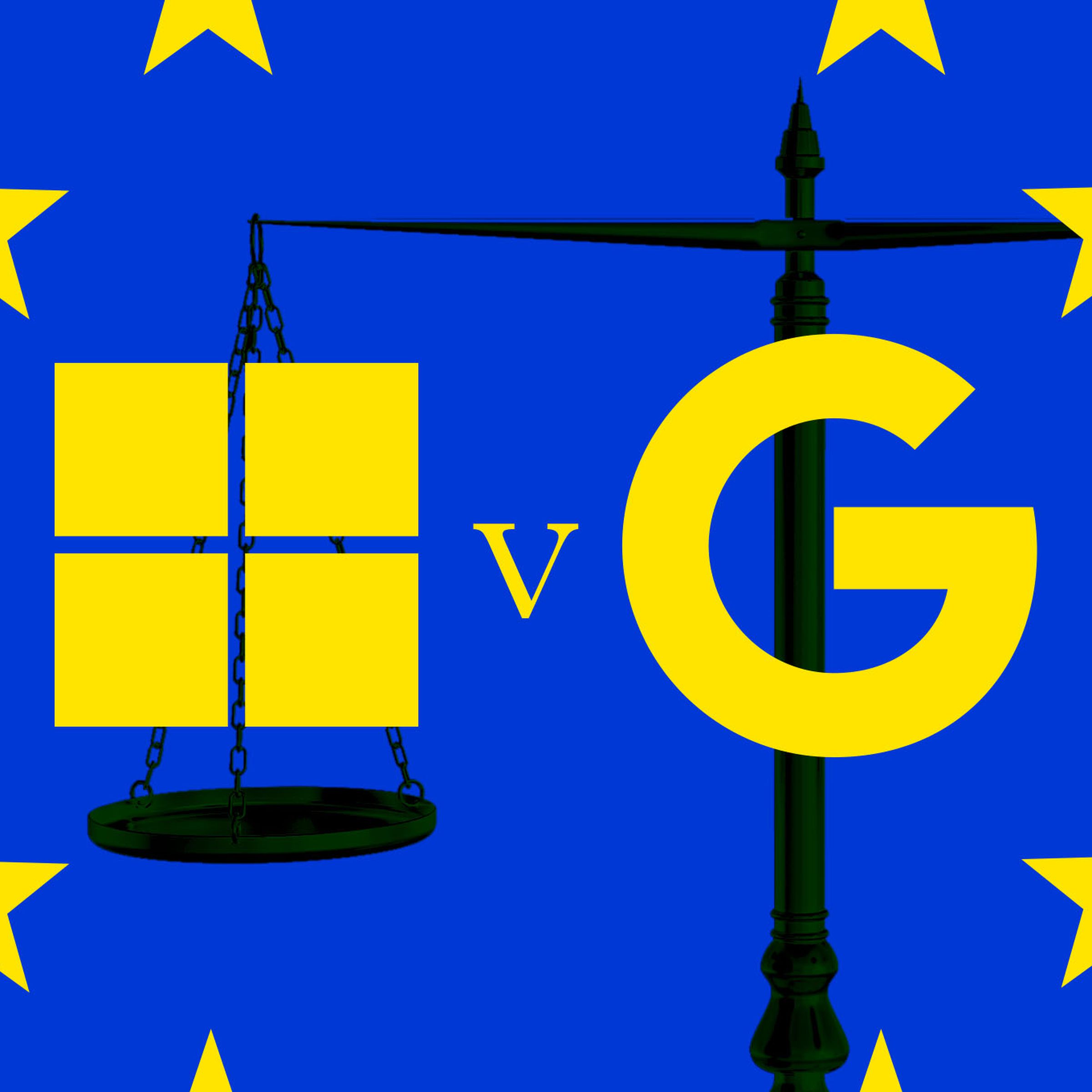 Vector illustration of the Microsoft and Google logos in front of EU flag stars and justice scales.