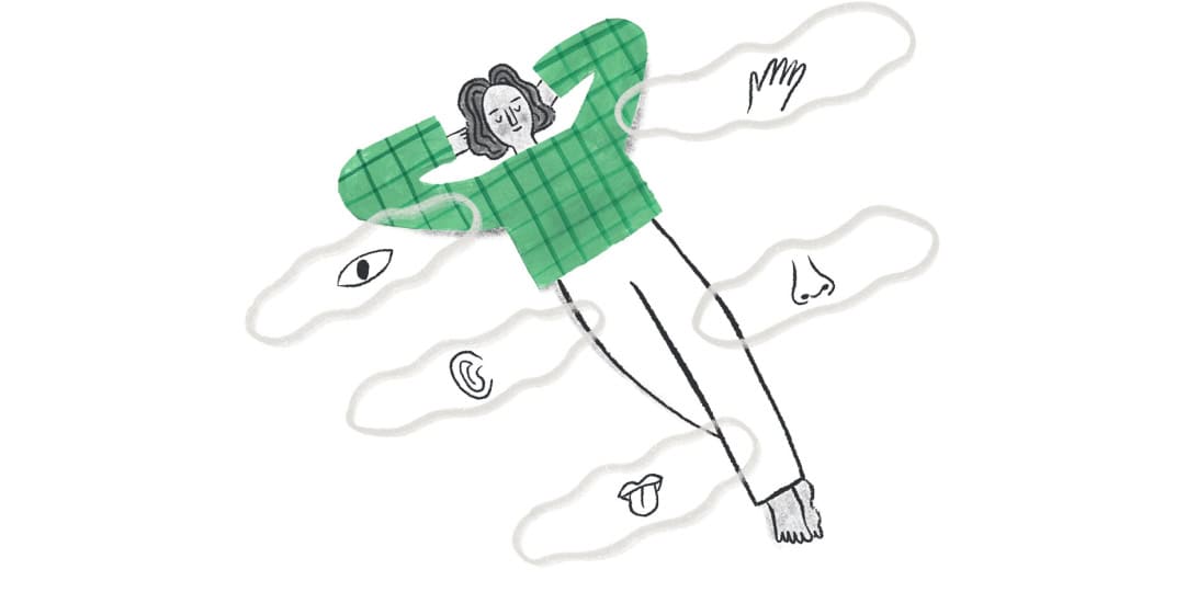 An illustration of a young woman laying on her back, arms cross behind her head, her eyes closed. Visions of things that might ground a person float above her.