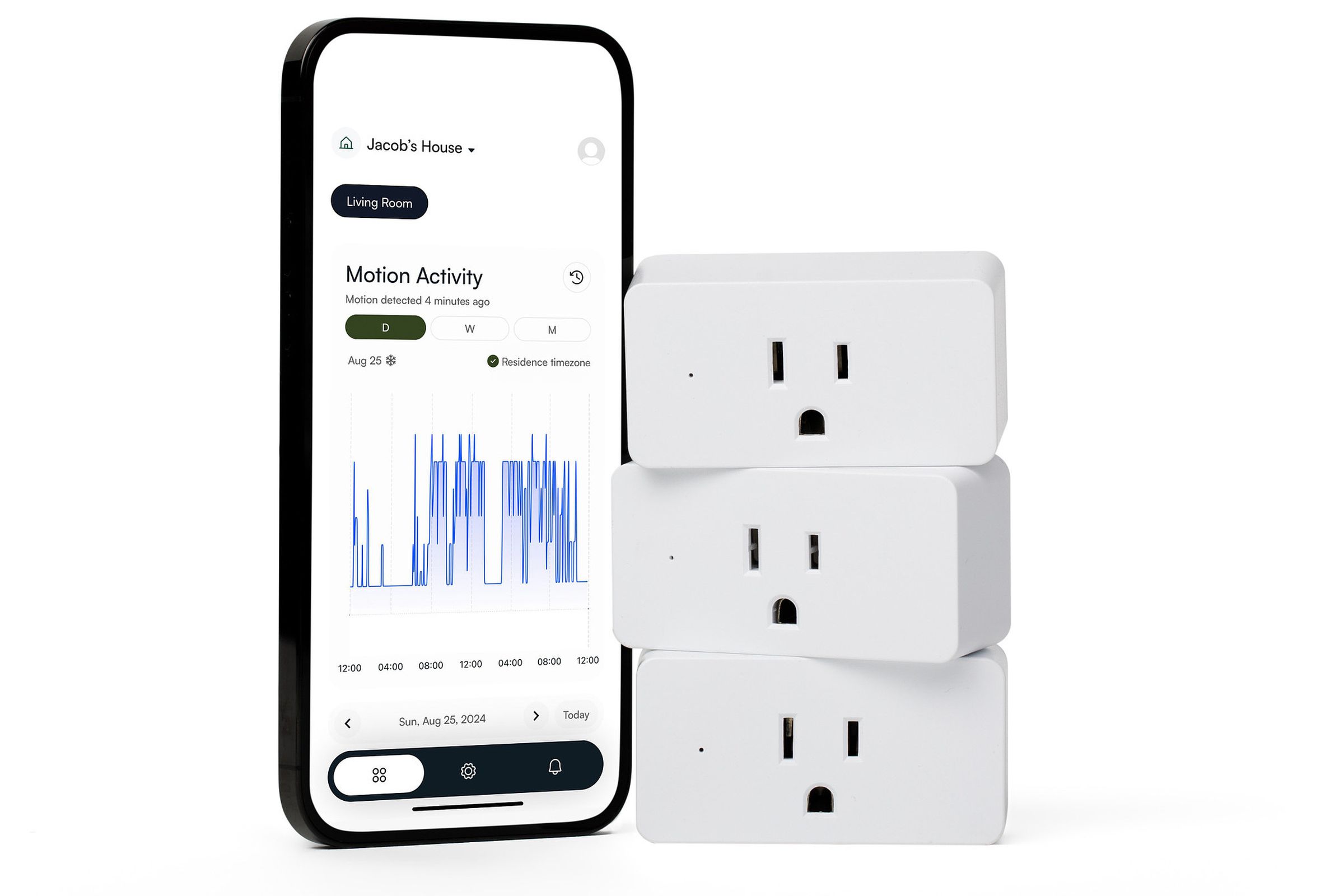 Three of the plugs stacked next to a phone with the Threshold app, displaying motion activity over the last day.